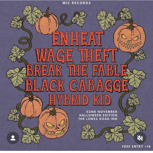 Halloween event poster featuring carved pumpkins with sinister faces and surrounding vines and leaves on a purple background. The event includes bands and is scheduled for November 2nd at The Lewes Road Inn.