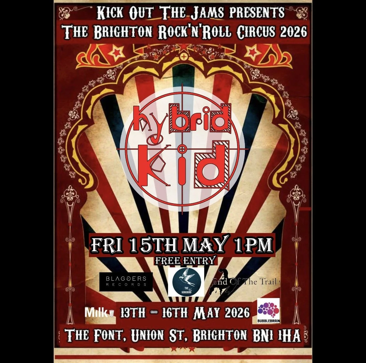 Poster for Brighton Rock'N'Roll Circus 2026 featuring a mixed text overlay, colorful patterns, and logos, advertising the event on May 15th at The Font, Union Street, Brighton, from May 13th to 16th, 2026, with free entry.