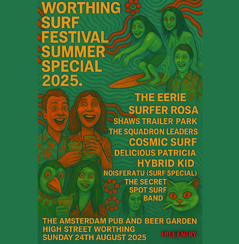 Poster for Worthing Surf Festival Summer Special 2025, featuring illustrations of surfers, musicians, and animals, with event details including date, location, and lineup.