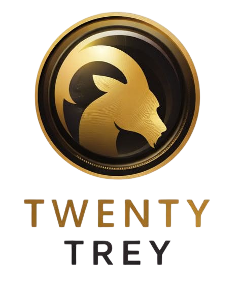 A logo featuring a gold and black circular lion head with the text 'TWENTY TREY' beneath it.