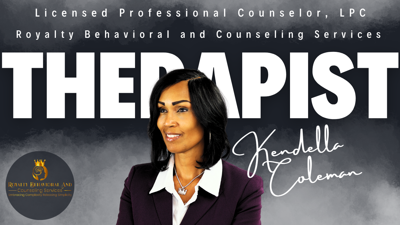Promotional poster for therapist Kendella Coleman, featuring a professional woman with black hair, white shirt, and dark blazer, against a dark background with bold white text and a logo for Royalty Behavioral and Counseling Services.