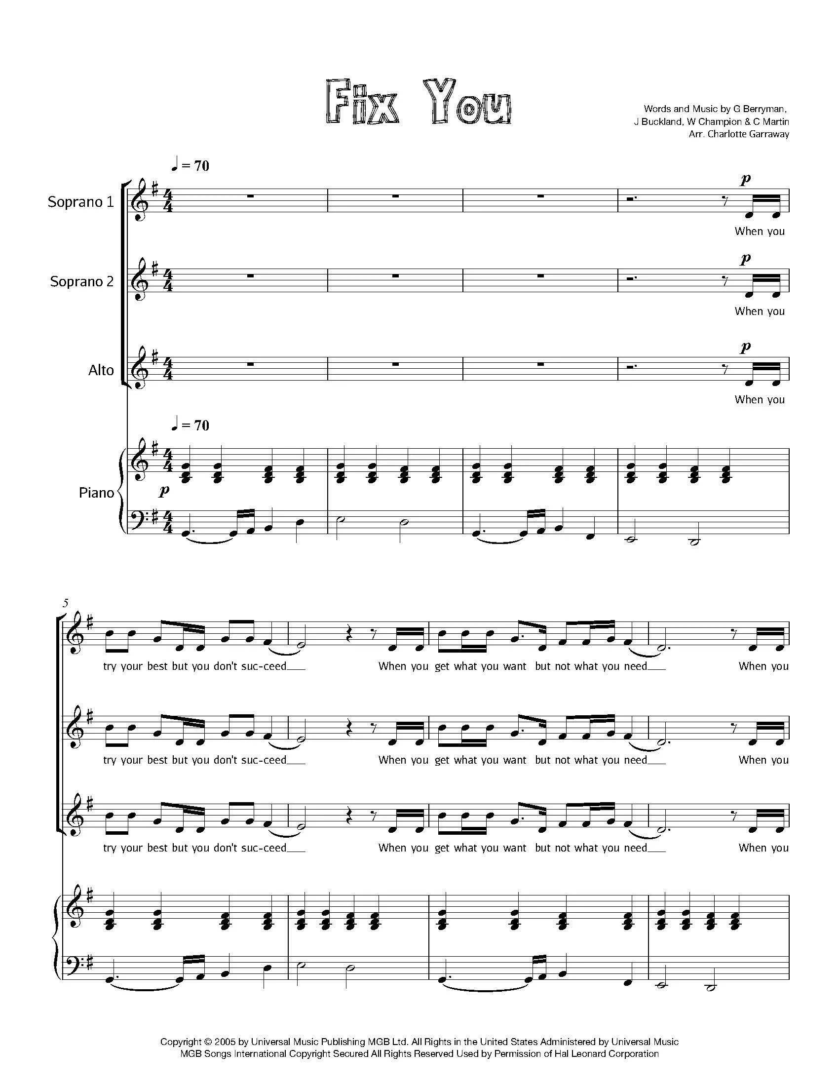 Sheet music titled 'Fix You' with lyrics 'When you try your best but you don't succeed, When you get what you want but not what you need,' composed by G Berryman, J Buckland, W Champion, and C Martin, arranged by Charlotte Garraway.
