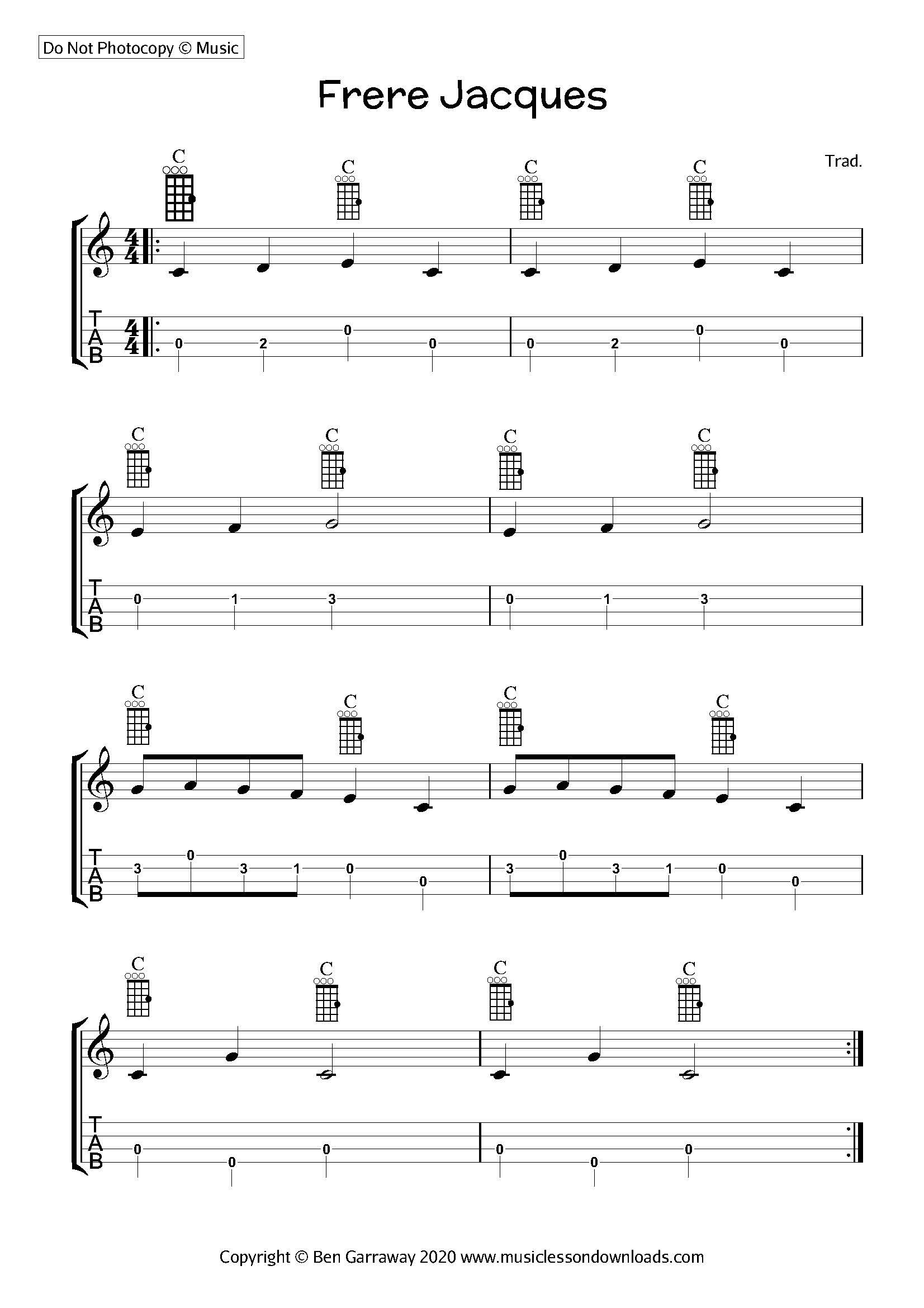 Sheet music for a song titled "Frere Jacques," showing musical notation with guitar chord diagrams for C.