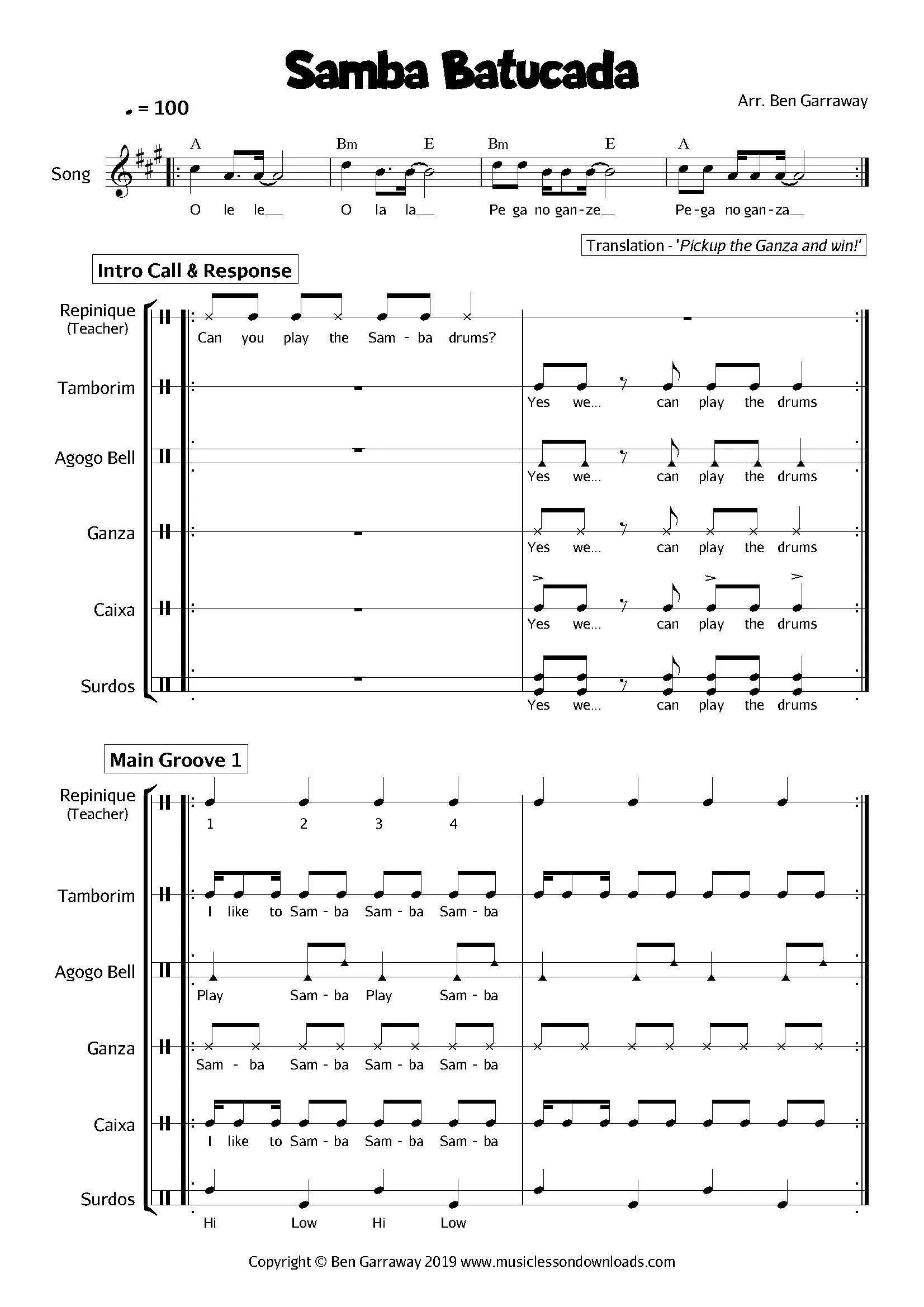 Sheet music for Samba Batucada arranged by Ben Garraway, including introductory call and response lyrics, main groove, and percussion parts for various drums and instruments.