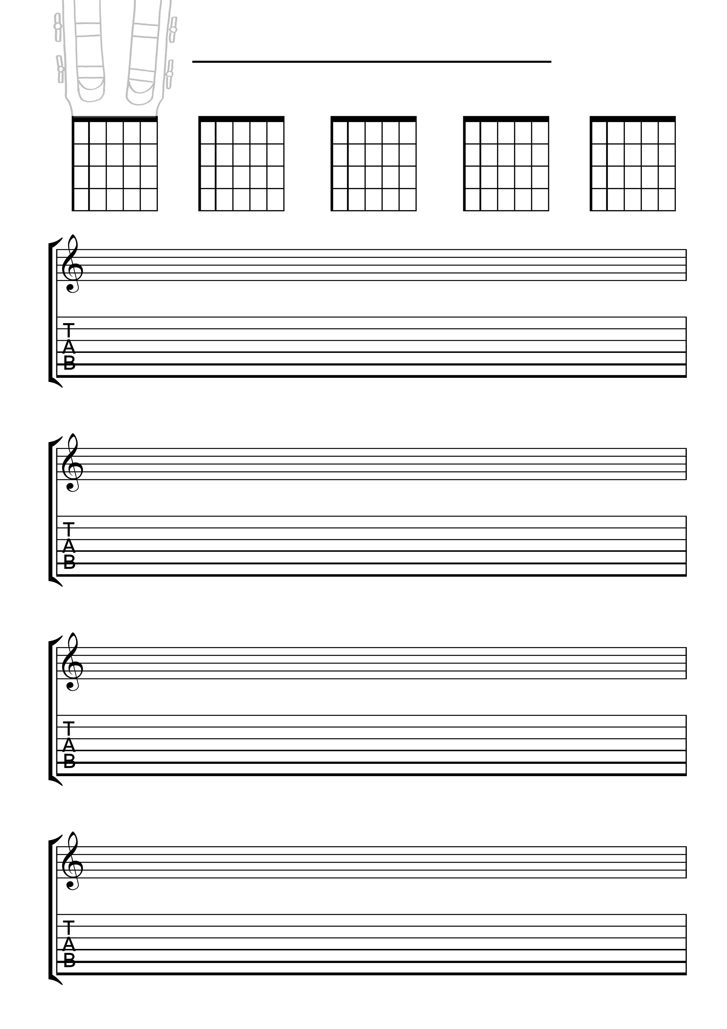 A diagram showing five guitar chords with fretboard diagrams, musical staff with no notes, and four empty lines for tablature.