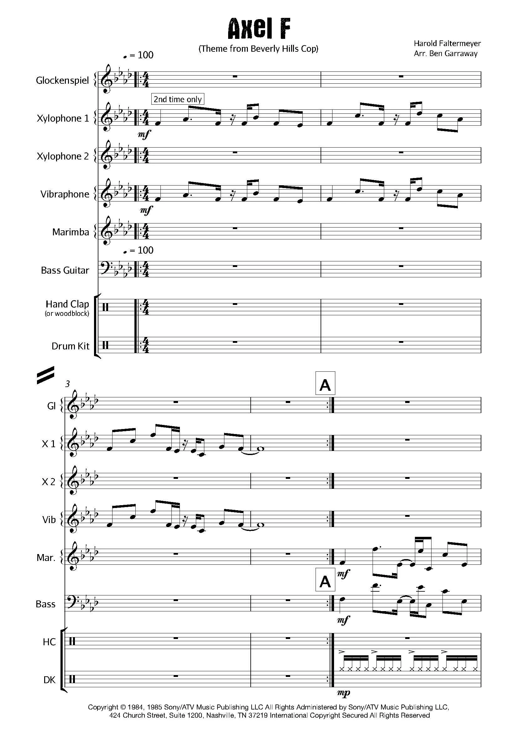 Sheet music titled 'Axel F' composed by Harold Faltermeyer, arranged by Ben Garraway, with musical notes for various instruments and percussion.