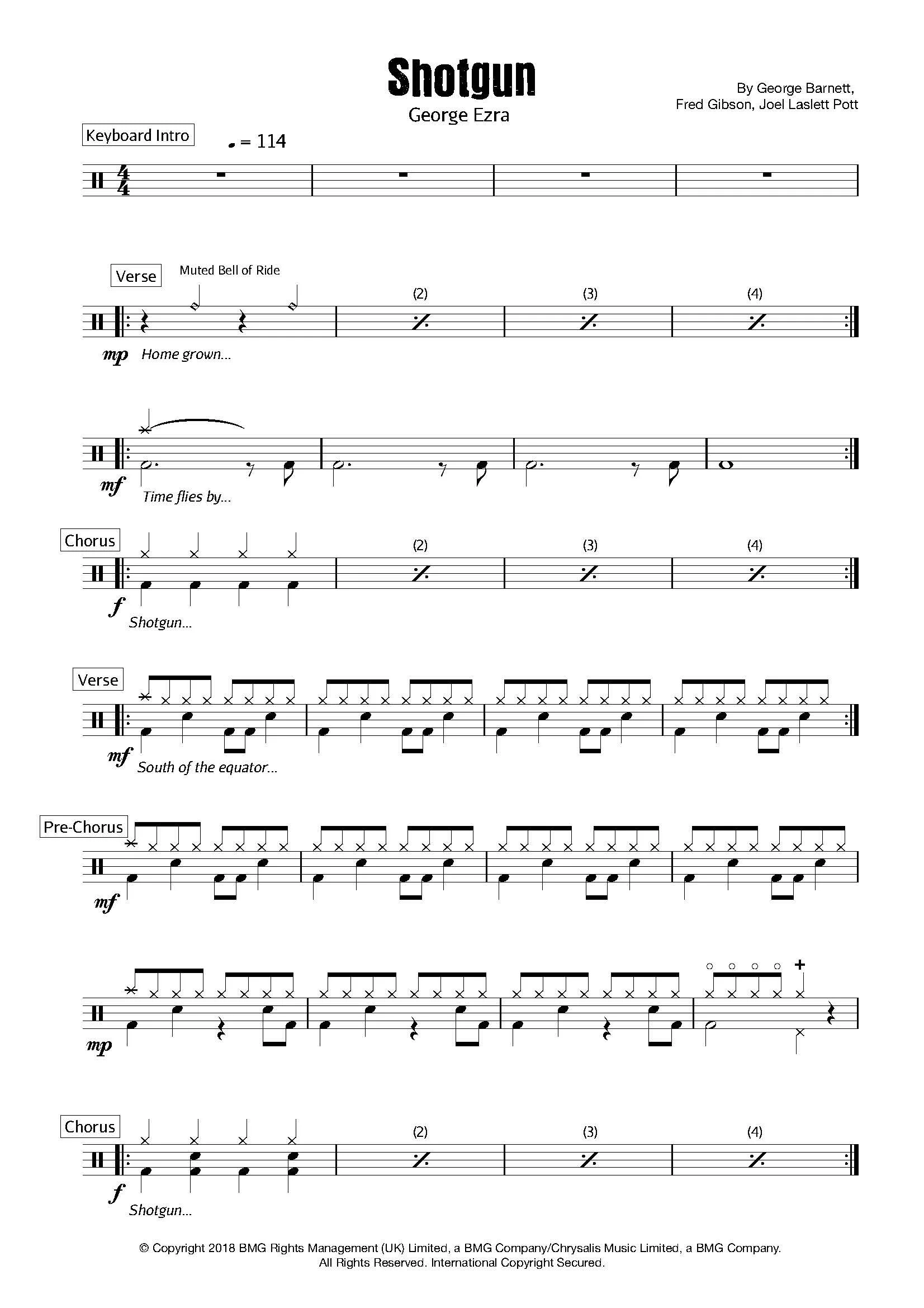Sheet music titled 'Shotgun' by George Ezra, with musical notation, lyrics 'Home grown...' and 'Time flies by...' and song structure markings.