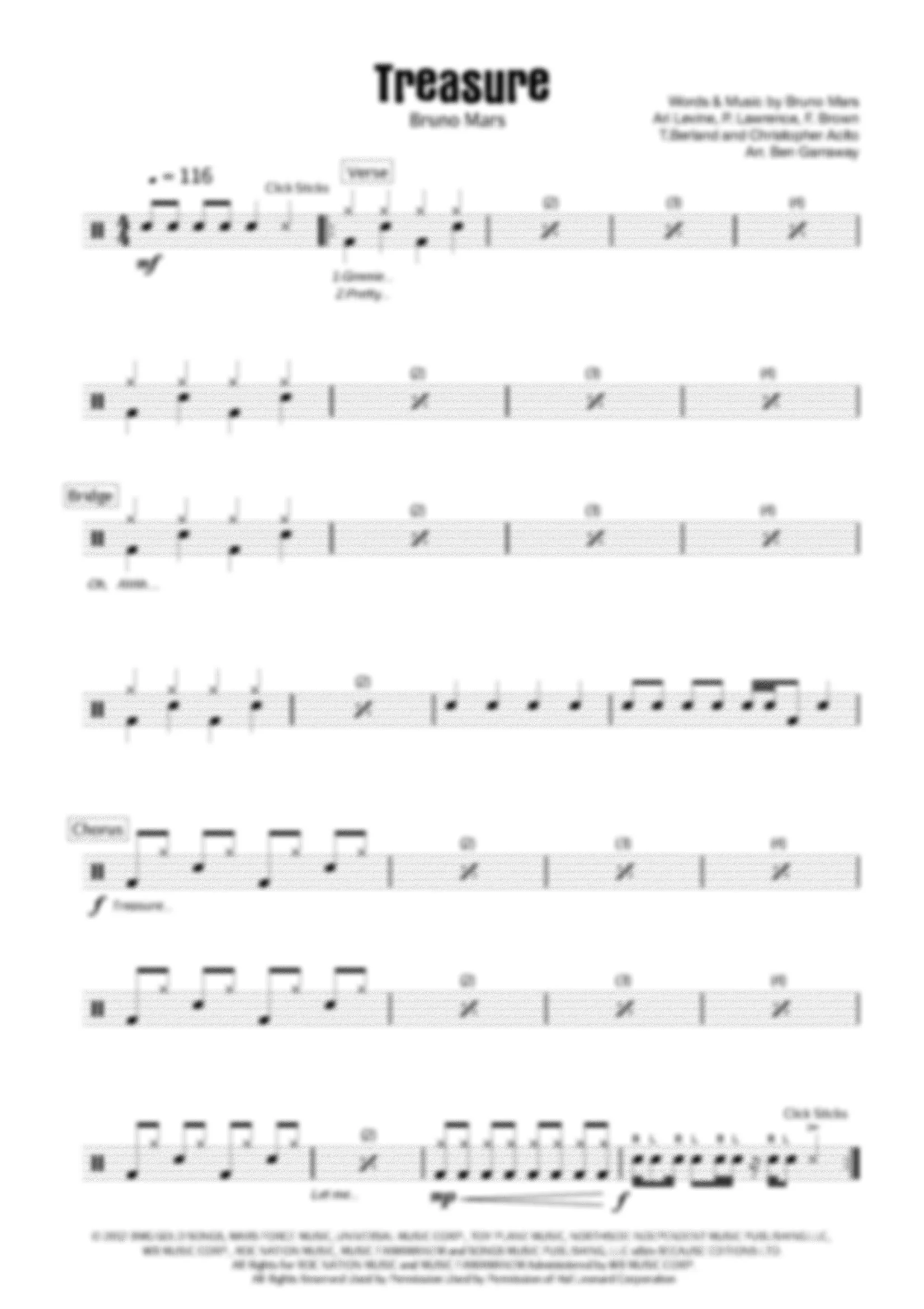 Treasure - Bruno Mars - Drum Score - Grade 1/2