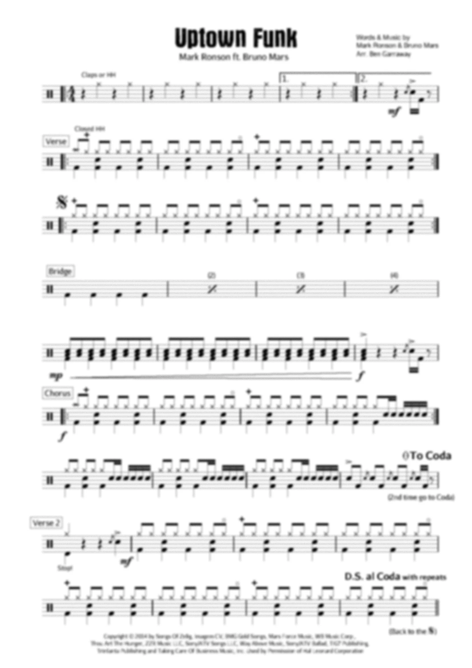 Uptown Funk - Bruno Mars - Drum Score - Grade 2/3