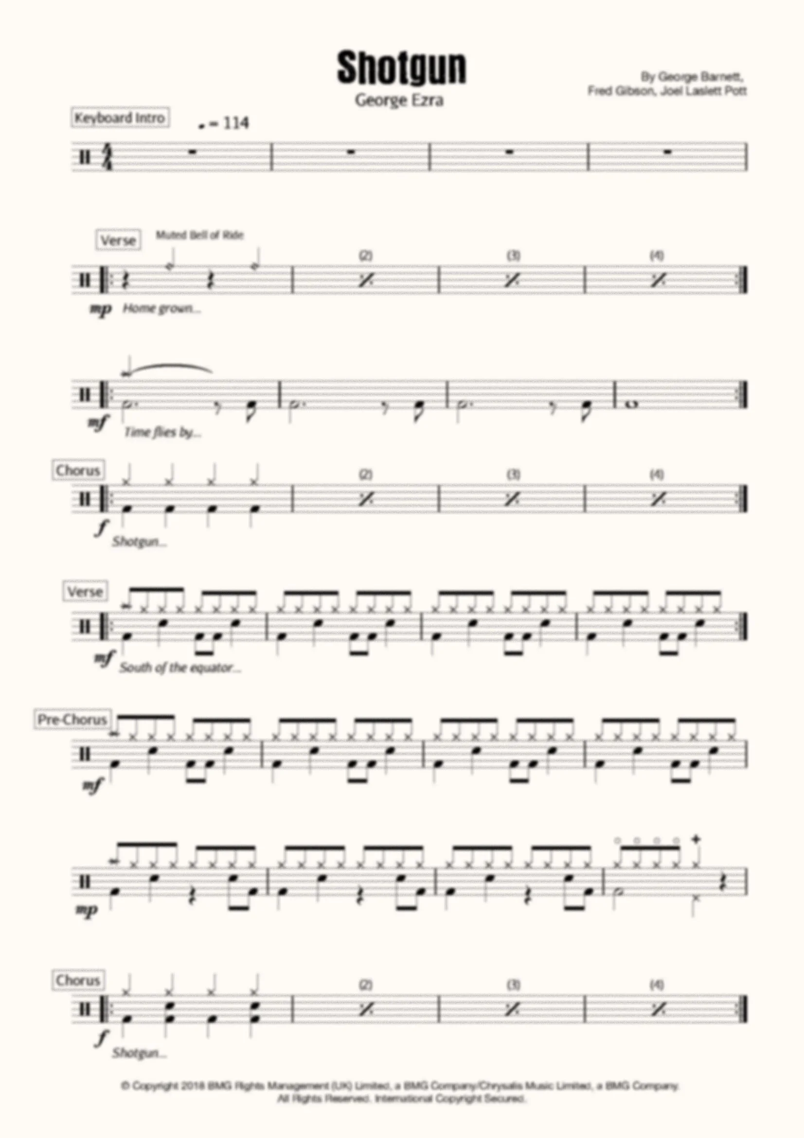 Shotgun - George Ezra - Drum Score - Pre Grade 1/Grade 1
