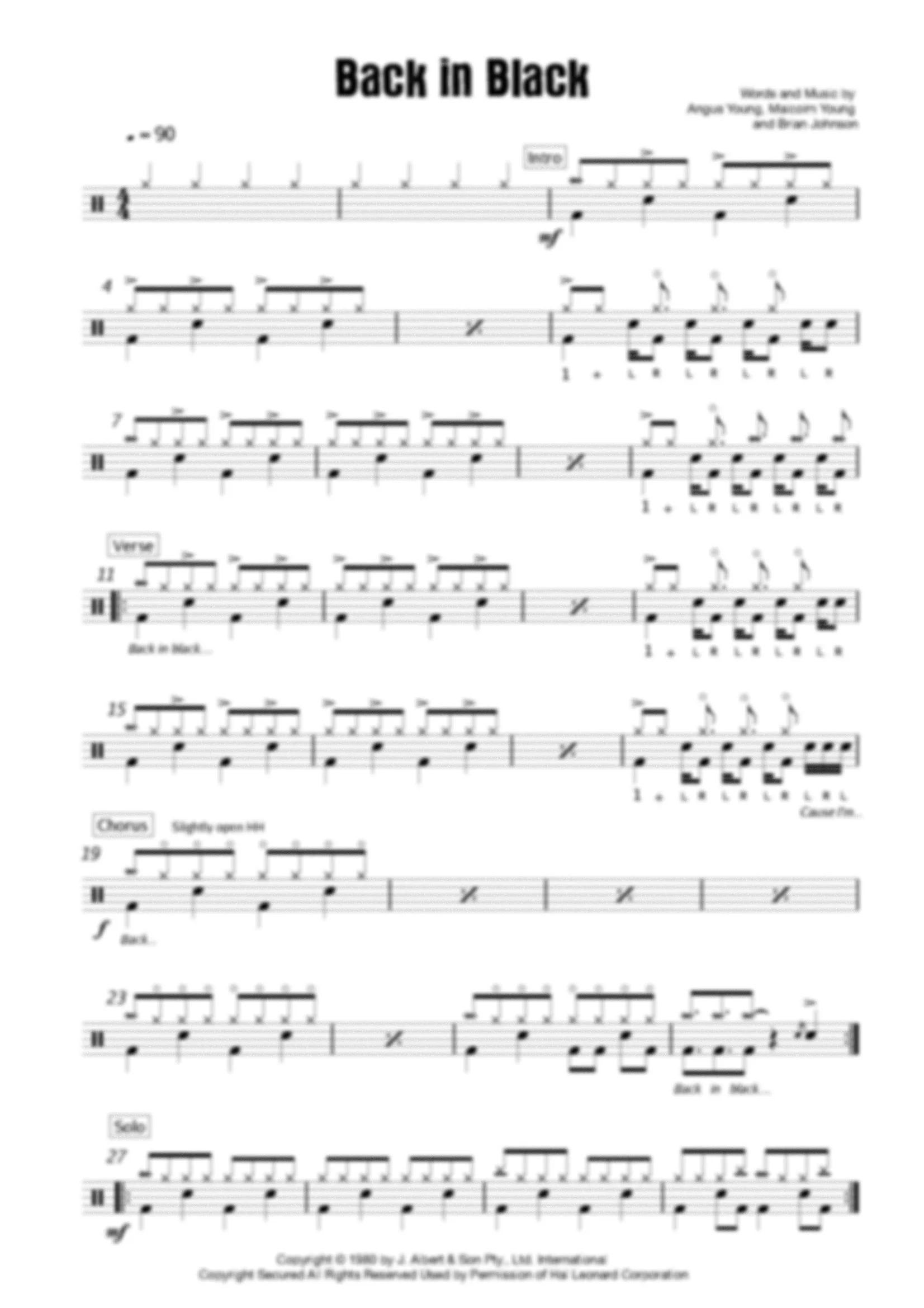 Back In Black - AC/DC - Drum Score - Grade 3
