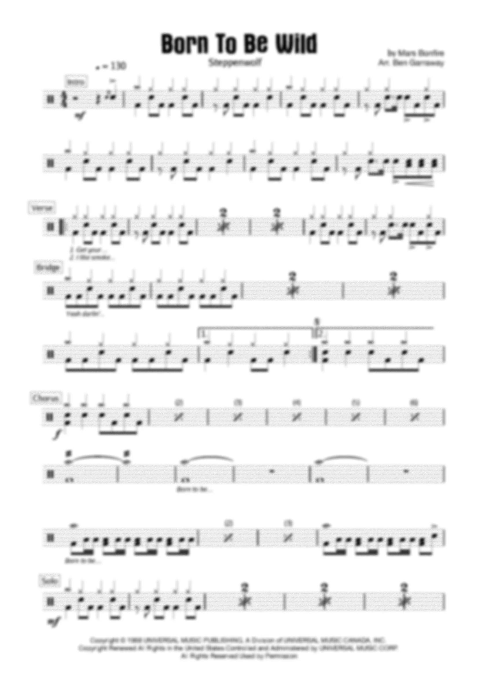 Born To Be Wild - Steppenwolf - Drum Score - Grade 4