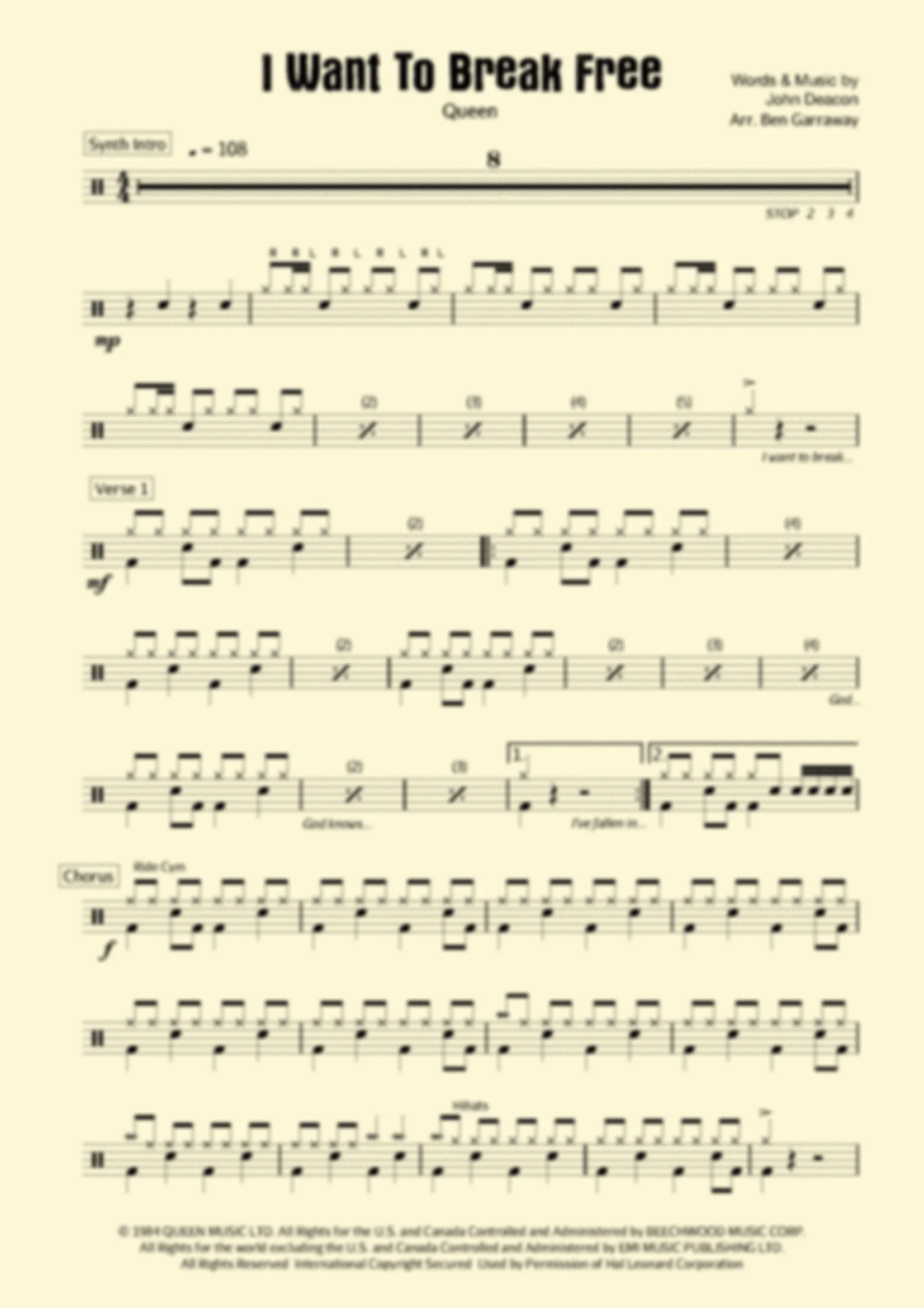 I Want To Break Free by Queen - Drum Score - Grade 1