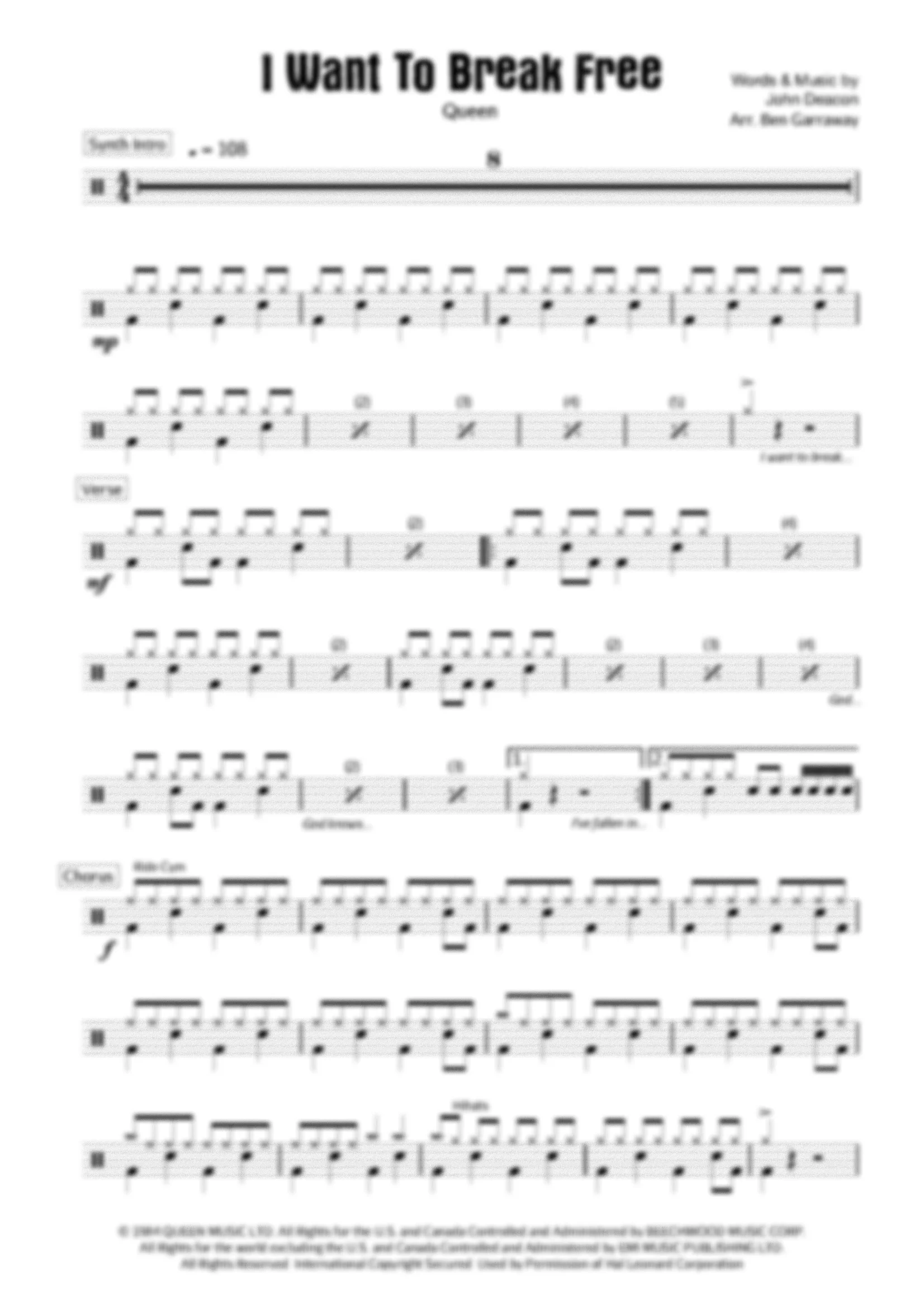 I Want To Break Free by Queen - Drum Score - Beginner