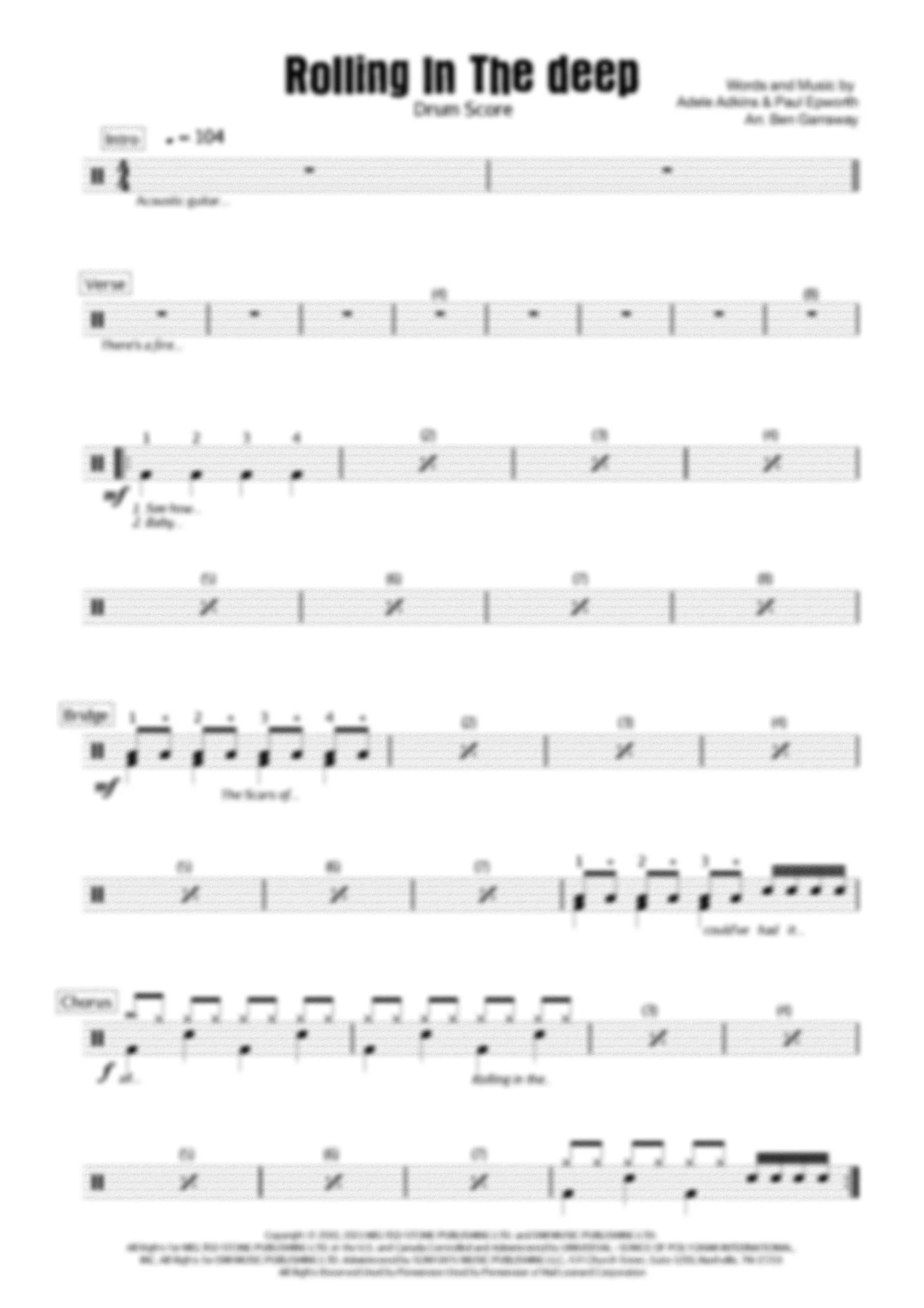 Rolling In The Deep - Drum Score - Pre Grade 1