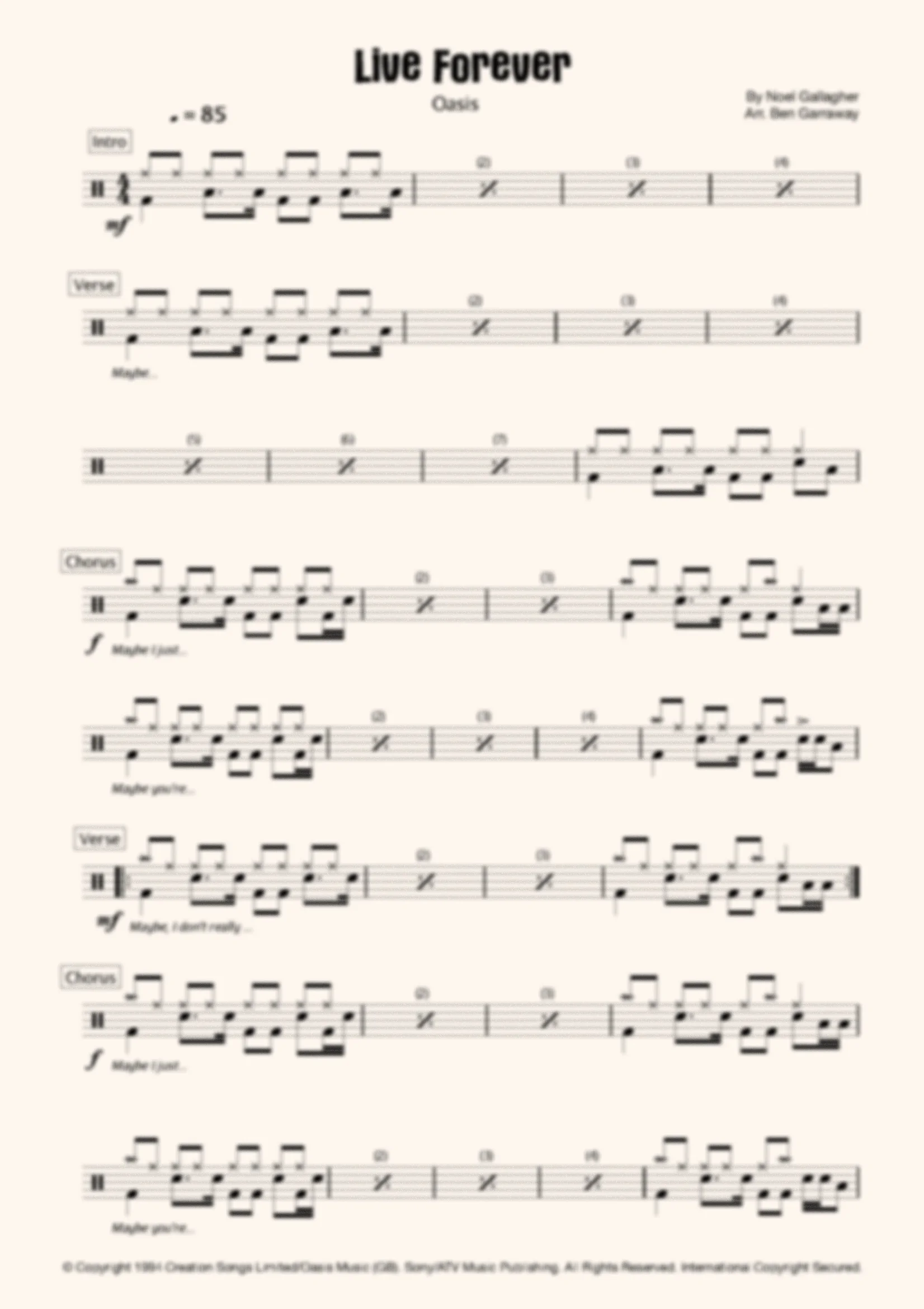 Live Forever - Oasis - Drum Score - Grade 2