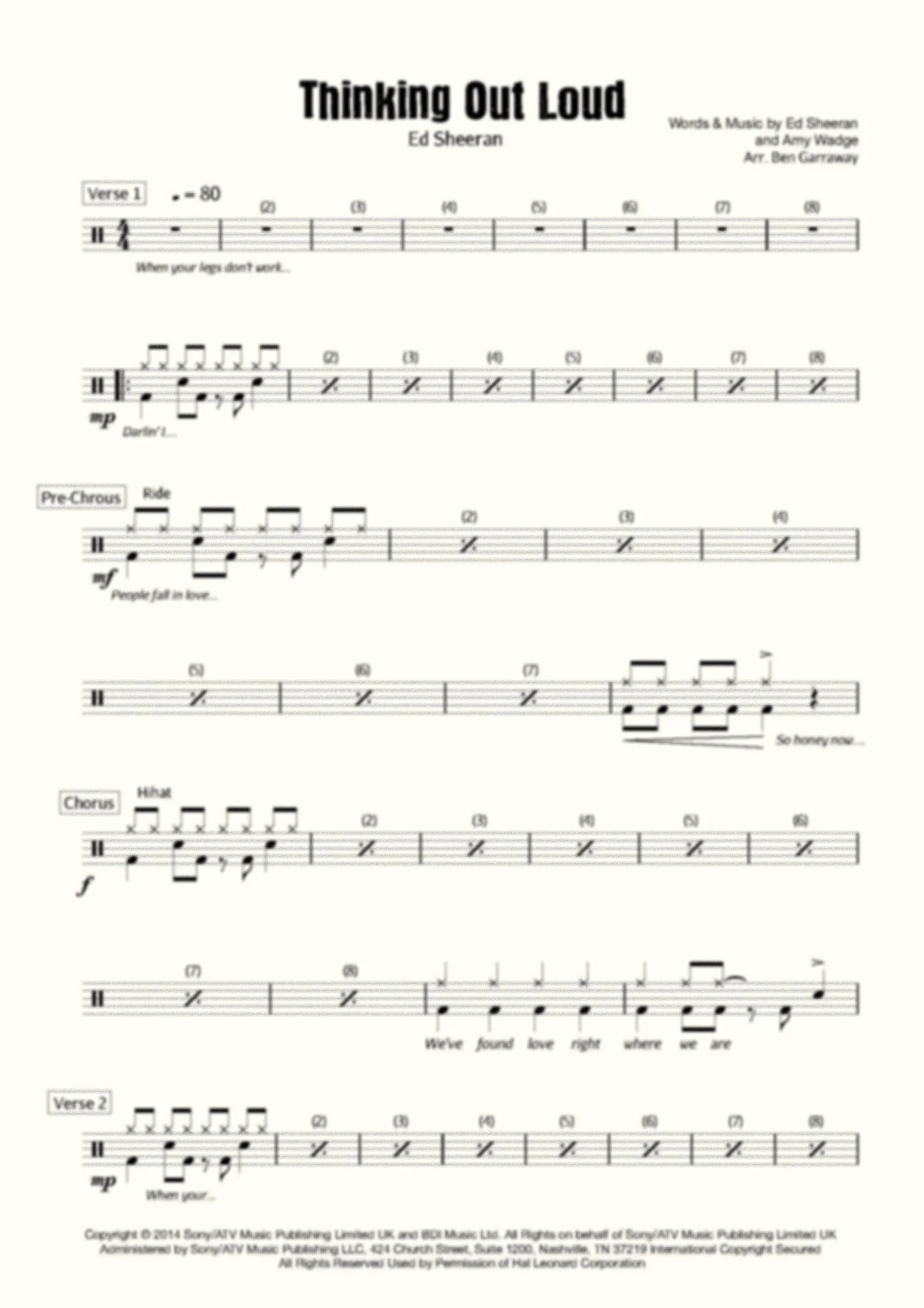 Thinking Out Loud - Ed Sheeran - Drum Score - Pre Grade 1/Grade 1