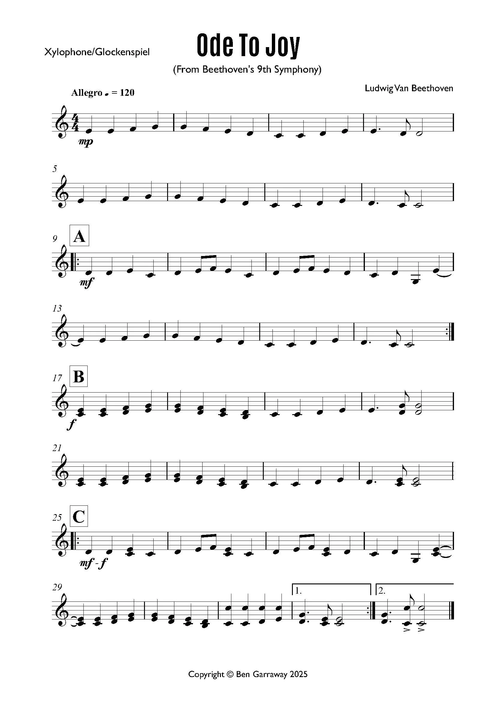 Ode To Joy - Beethoven - Tuned Solo - Grade 1
