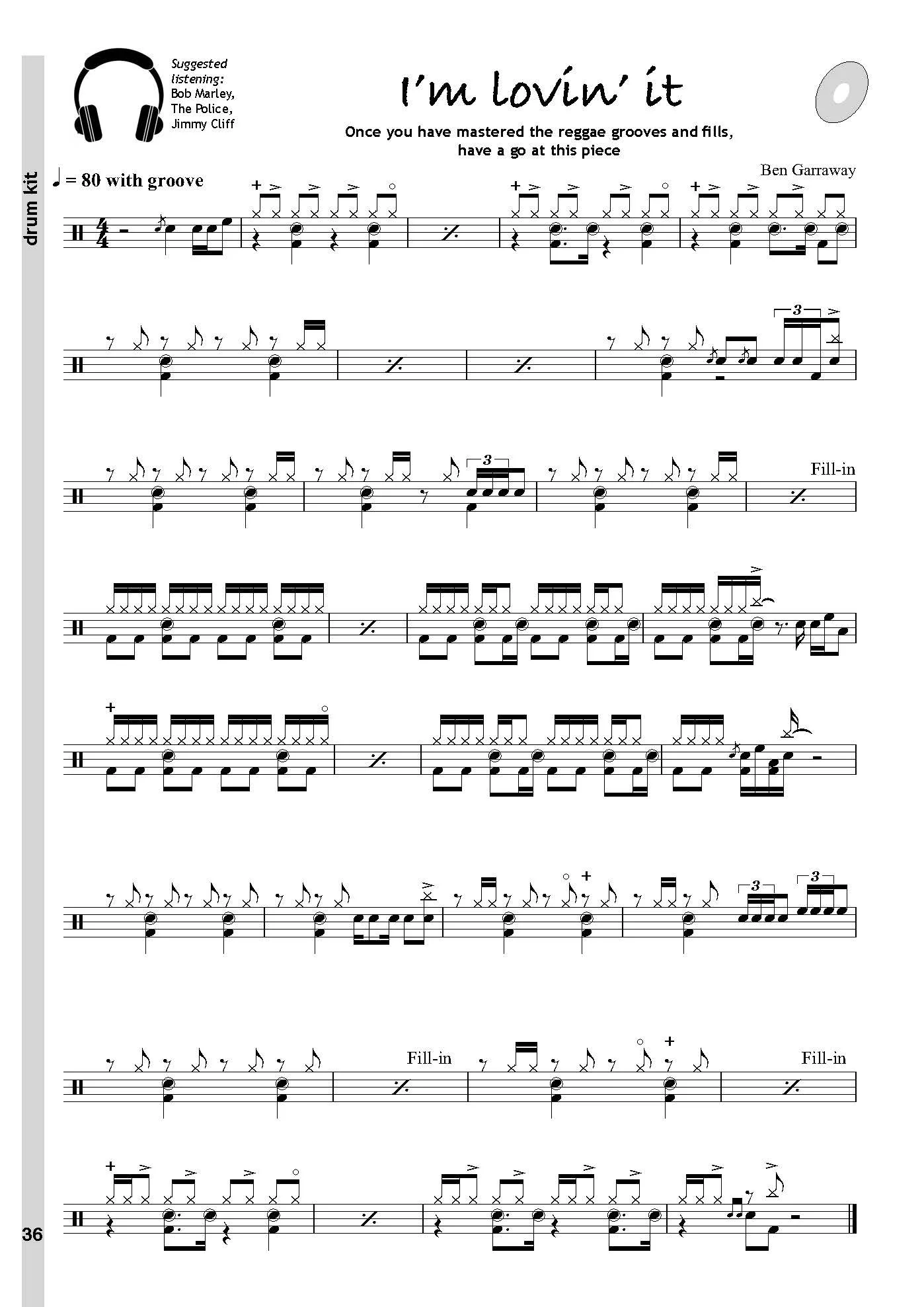 Sheet of reggae music with a suggestion to listen to Bob Marley, The Police, and Jimmy Cliff, including musical notes and symbols.