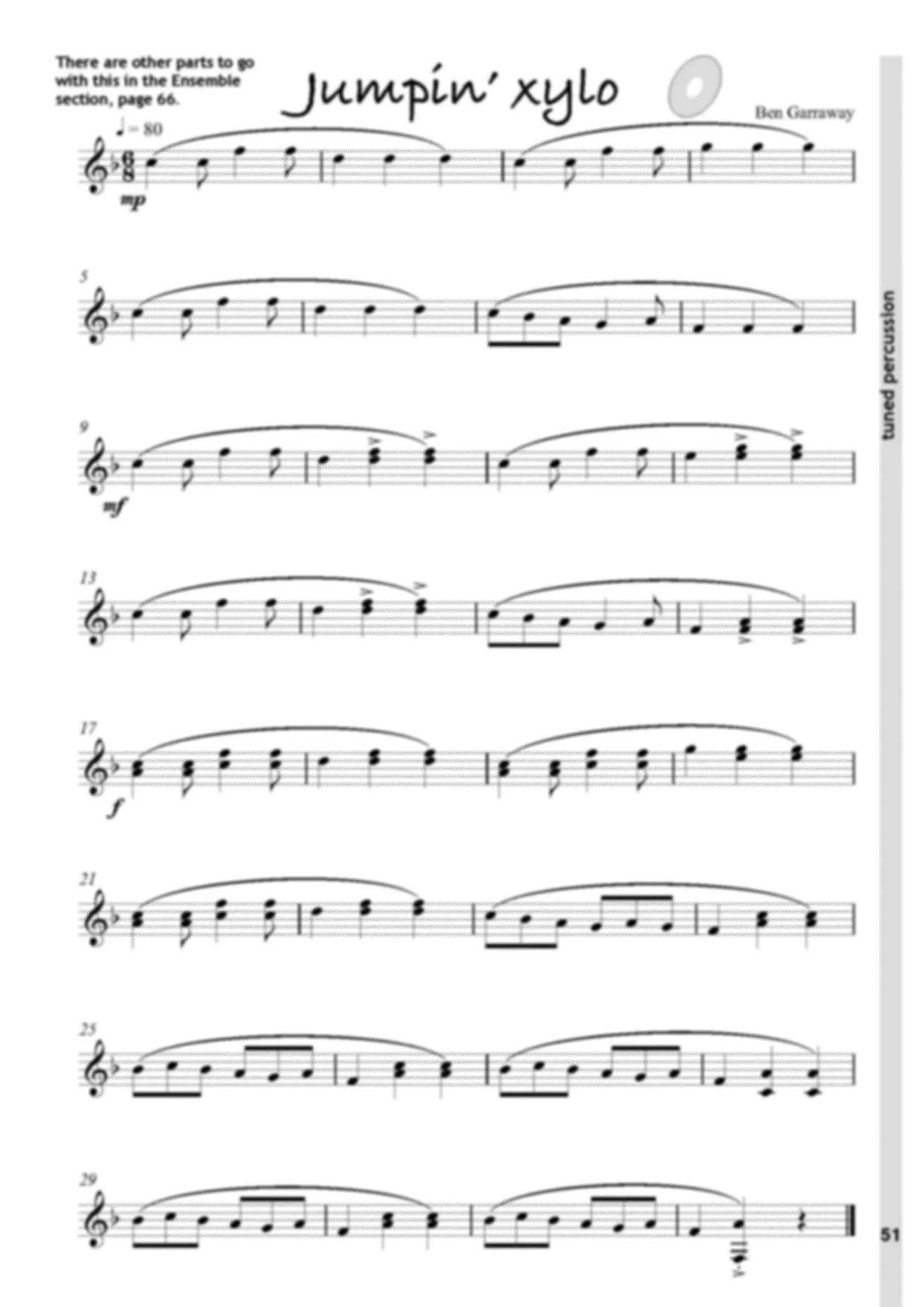 Sheet music titled 'Jumpin' xylo' by Ben Garraway, featuring musical notes on a staff with various symbols, key signature, and tempo markings.