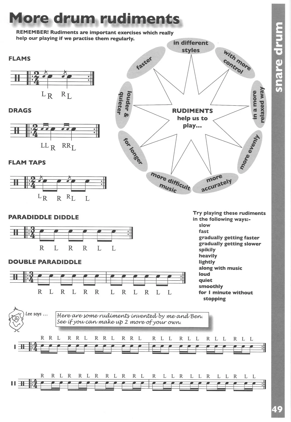 Page from a music instruction book explaining drum rudiments with musical notation, descriptions, and practice tips.