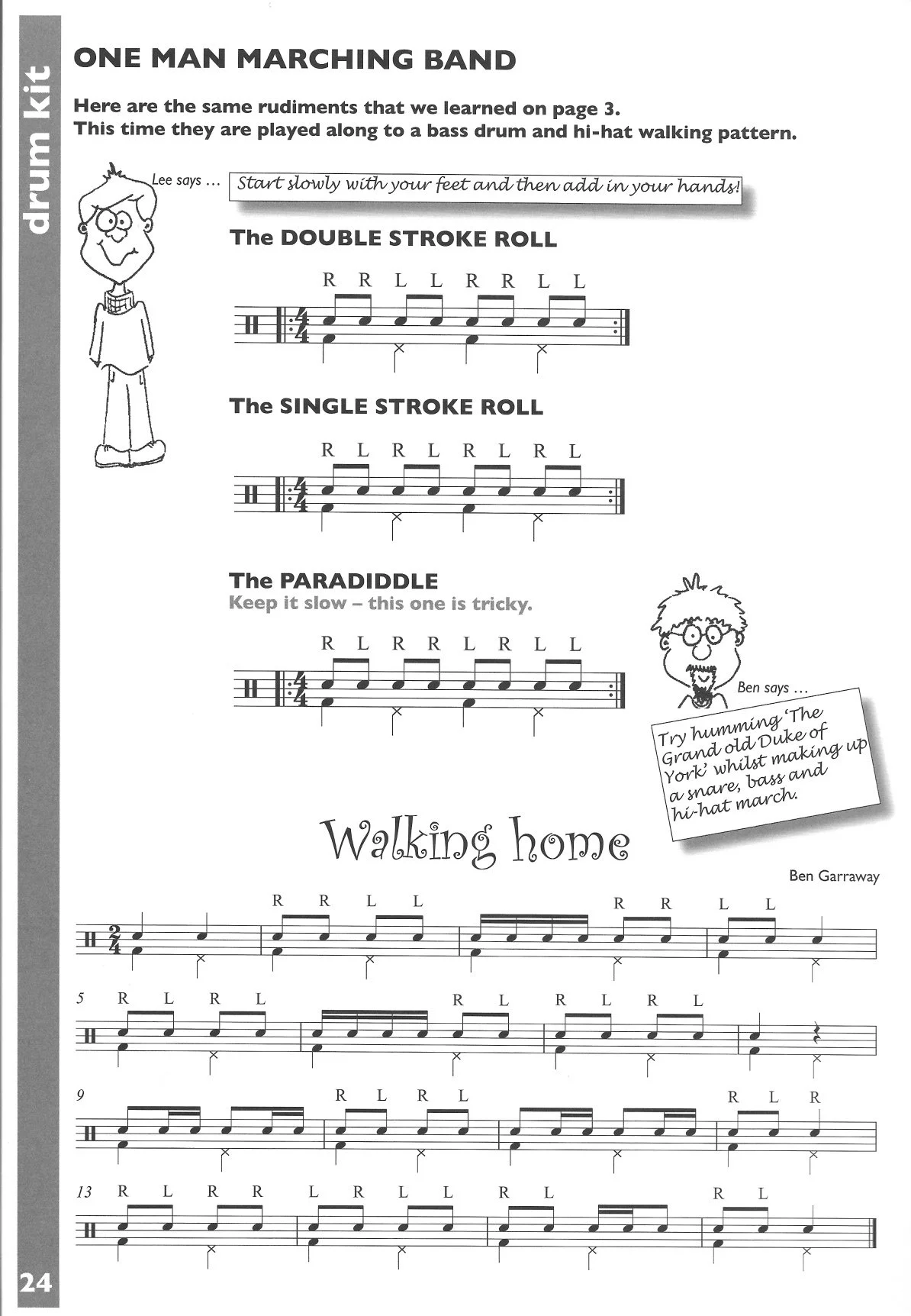 Sheet music for a marching band practice, featuring instructions for drum patterns such as double stroke roll, single stroke roll, and paradiddle, with humorous cartoon characters and notes.