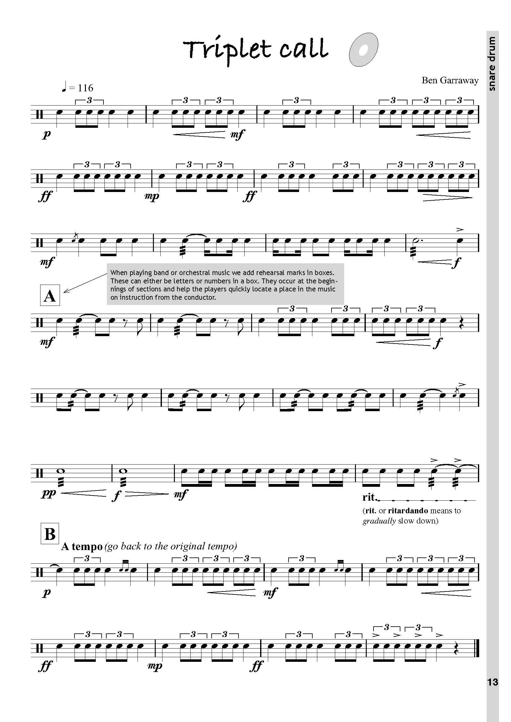 Sheet music titled 'Triplet call' by Ben Garraway for snare drum, with musical notation including tempo markings, dynamic indicators, and rehearsal mark 'A' with instructions for modulation and tempo return.