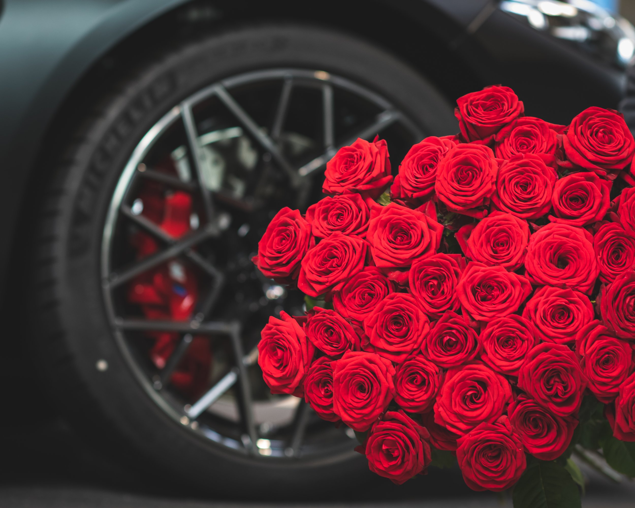 Rot-blühende Rosen in einem Auto-Reifen