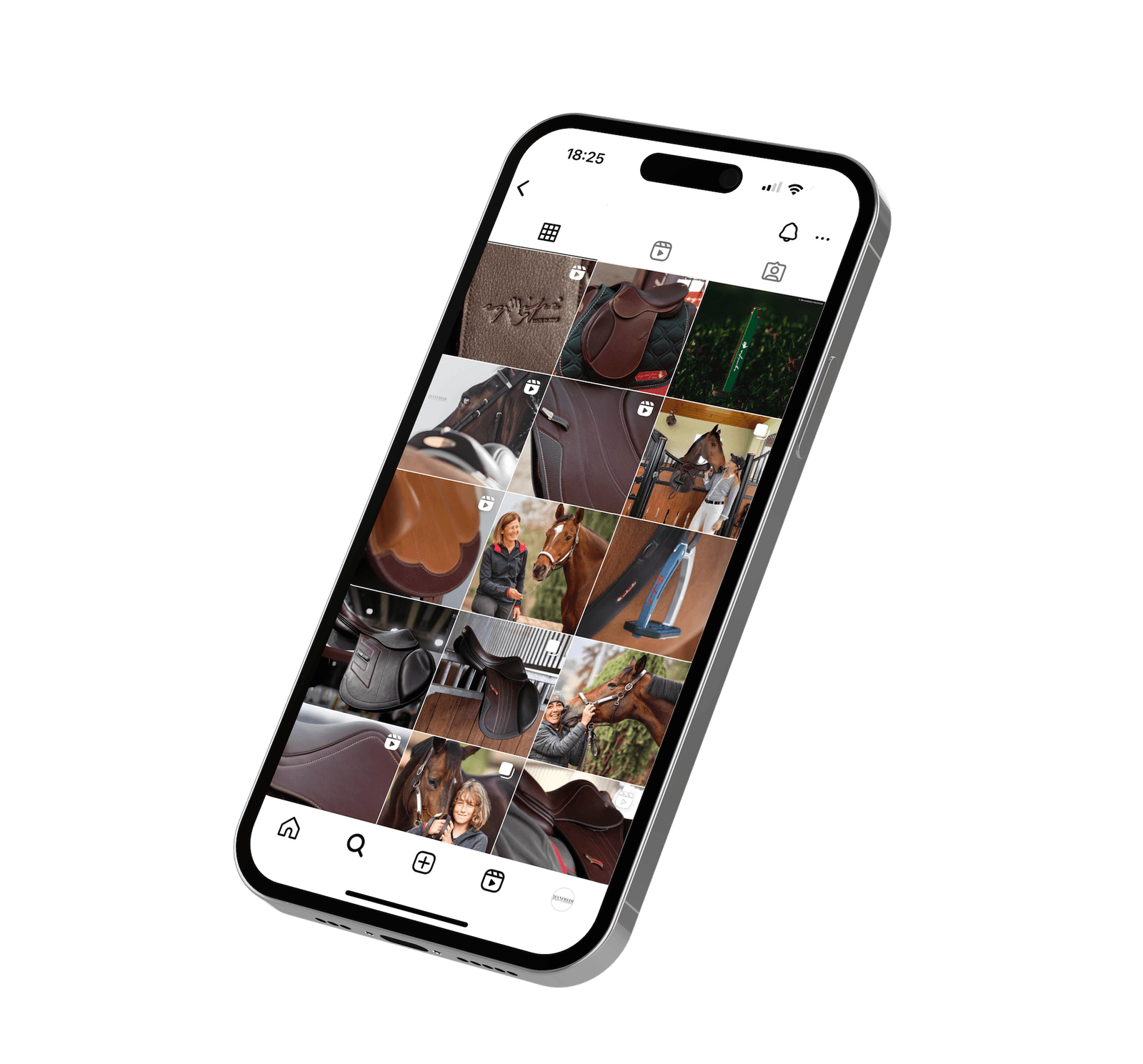 Smartphone zeigt eine Bildergalerie mit Fotos von Sätteln, Pferden, Reitern und Reitzubehör.