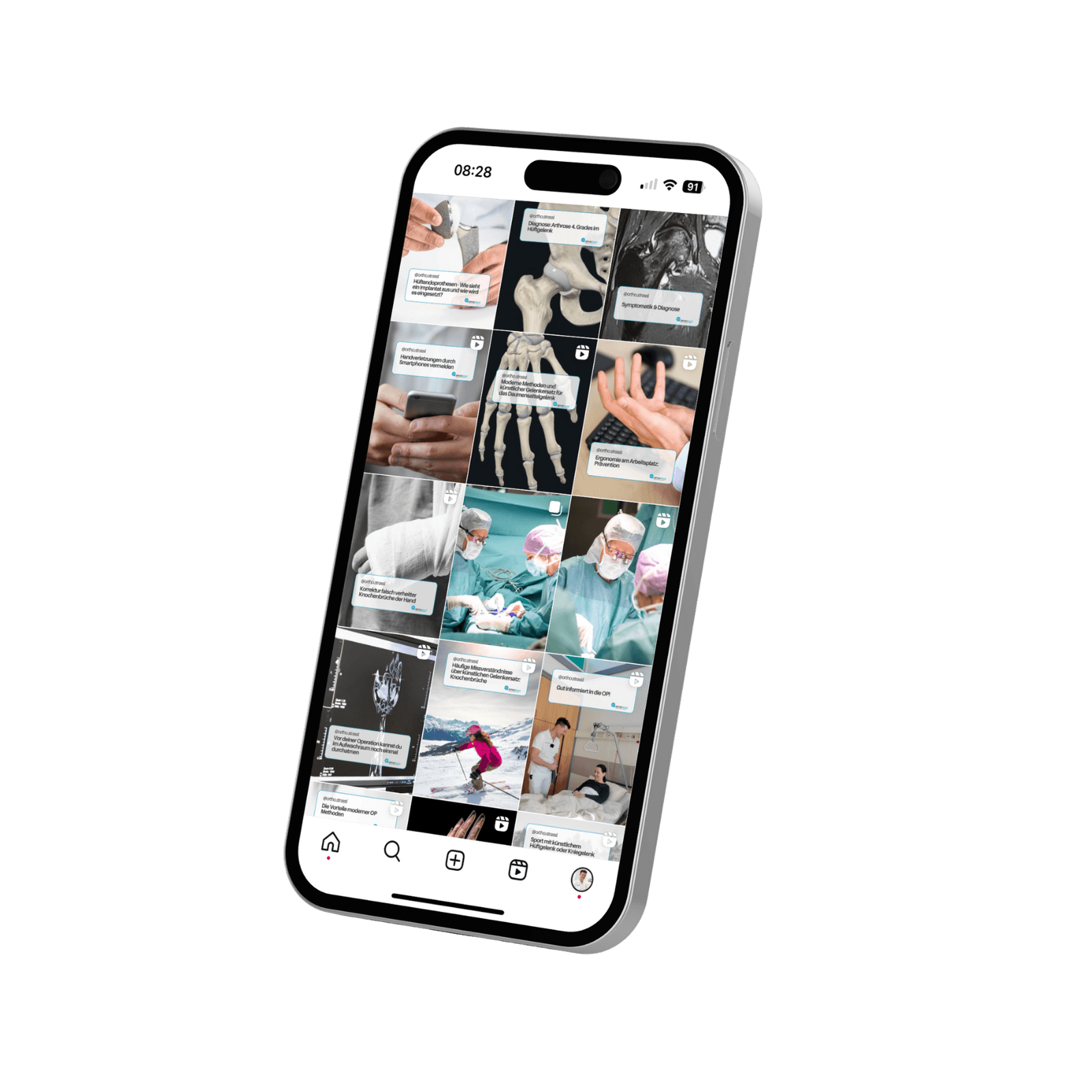 Ein Smartphone mit einer Galerie-App, die medizinische und medizinbezogene Bilder und Texte zeigt.