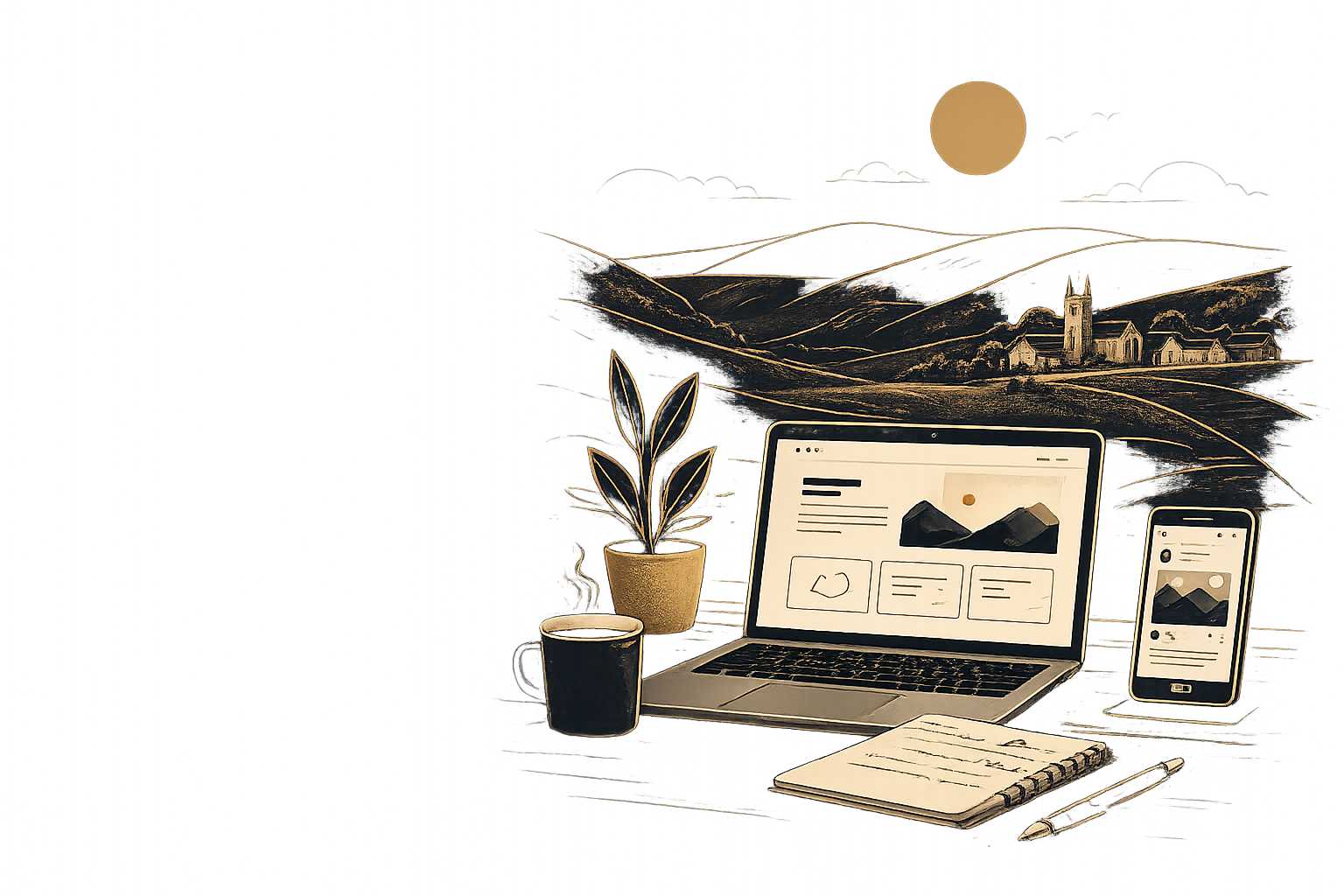A workspace with a laptop, a smartphone, a notebook, a pen, a potted plant, and a coffee cup on a desk. A landscape drawing of mountains, hills, a church, and a village is on the wall behind the desk.