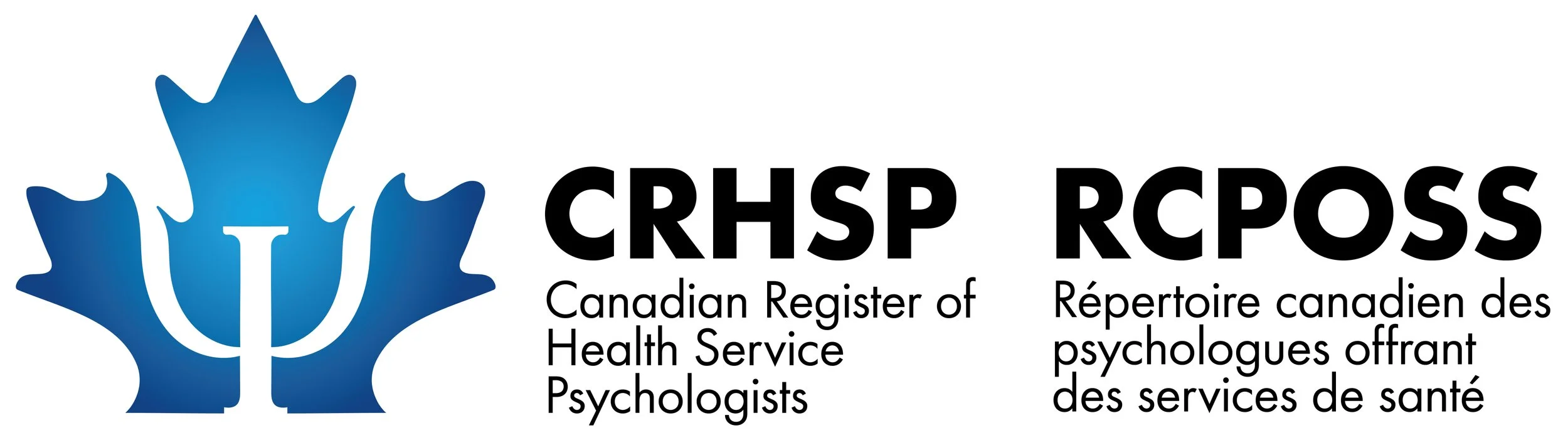Canadian Register of Health Service Psychologists (CRHSP) logo featuring a blue maple leaf and a white psychological symbol, with the text 'CRHSP RCPOSS' and its French translation below.