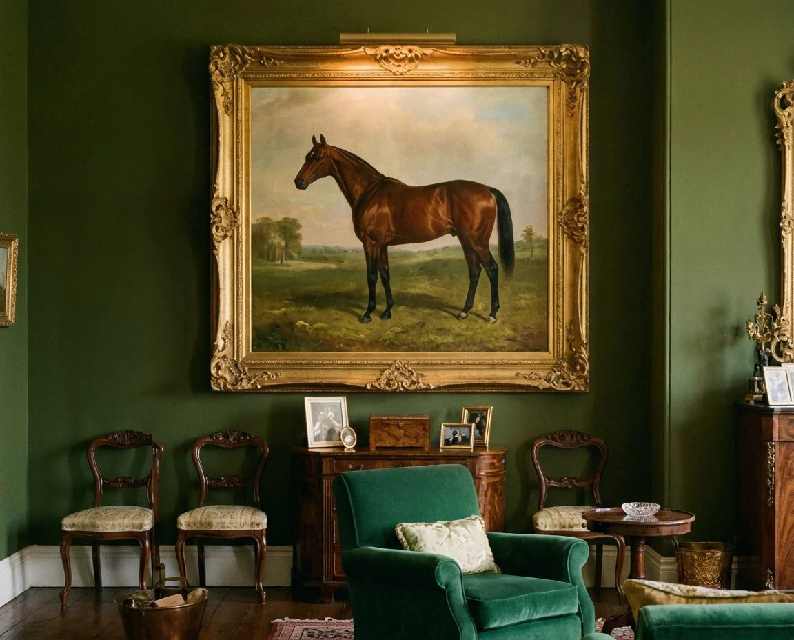 A green-walled room with a large framed painting of a horse, multiple antique chairs, a green armchair, a small wooden table, and various framed photographs on a wooden sideboard.