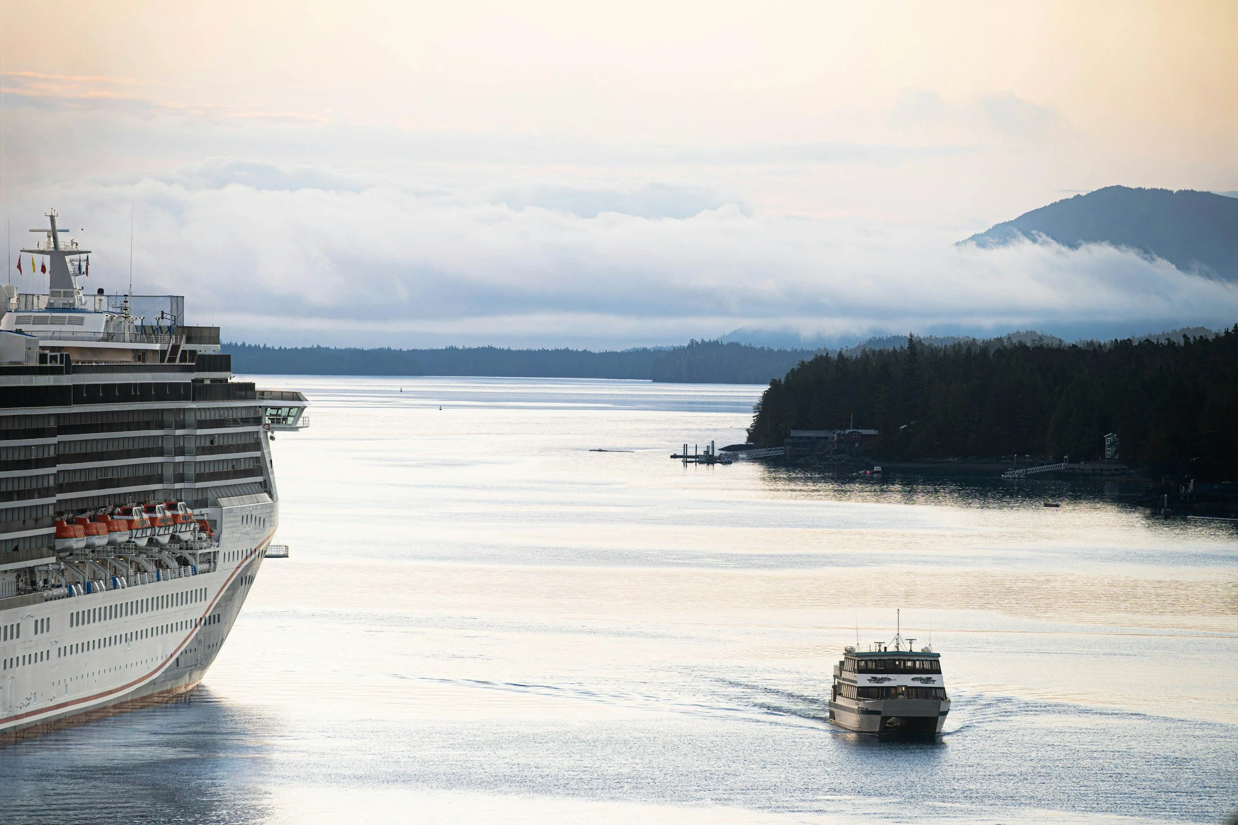 Cruise ships and boats sailing on calm water near forested shoreline with mountains and cloudy sky in the background.