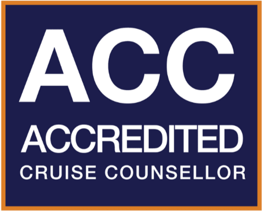 A badge with the text 'ACC Accredited Cruise Counsellor' on a navy blue background with an orange border.