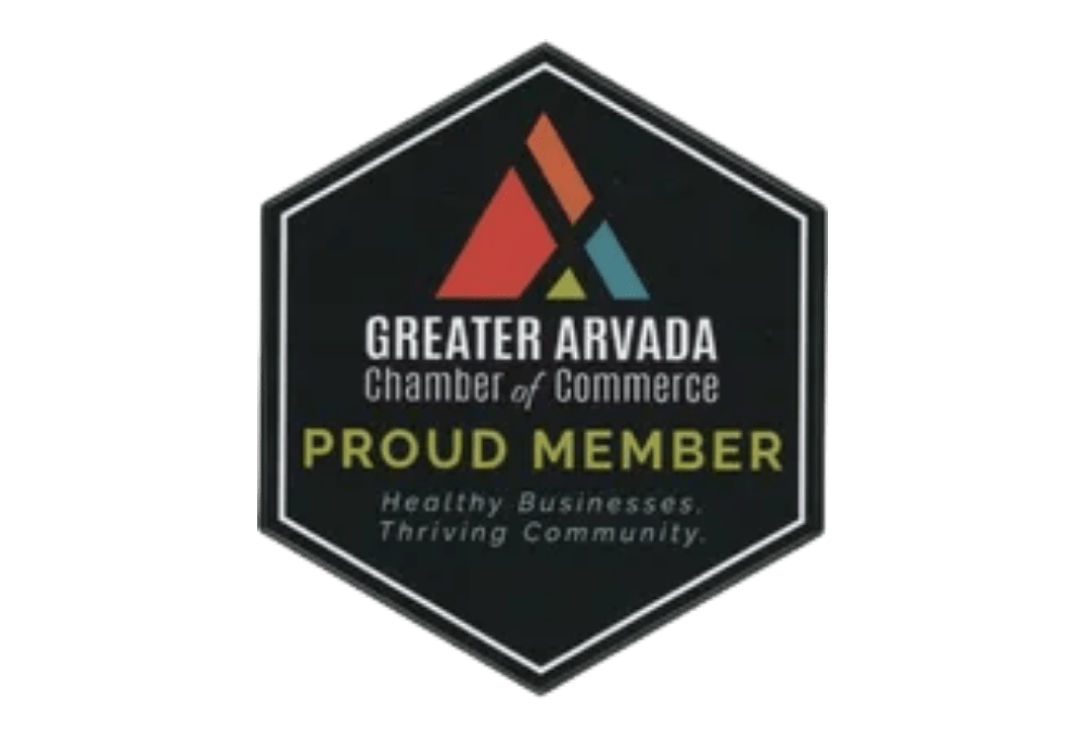 Badge for Greater Arvada Chamber of Commerce Proud Member, with the slogan 'Healthy Businesses. Thriving Community.'