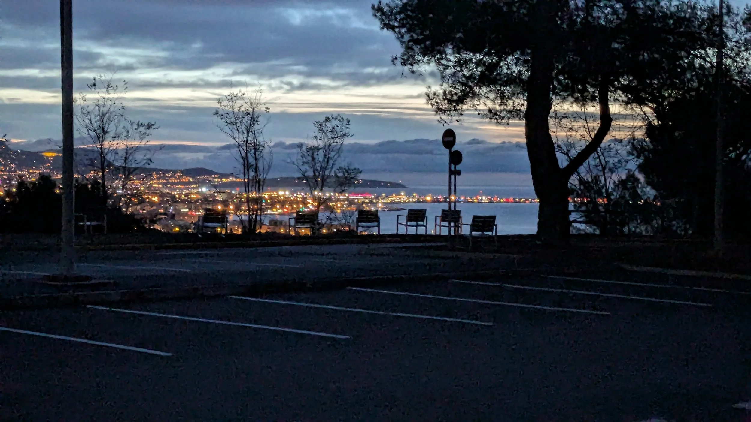 View of a cityscape at dusk from a waterfront park with trees in the foreground, benches, and streetlights illuminating the area.