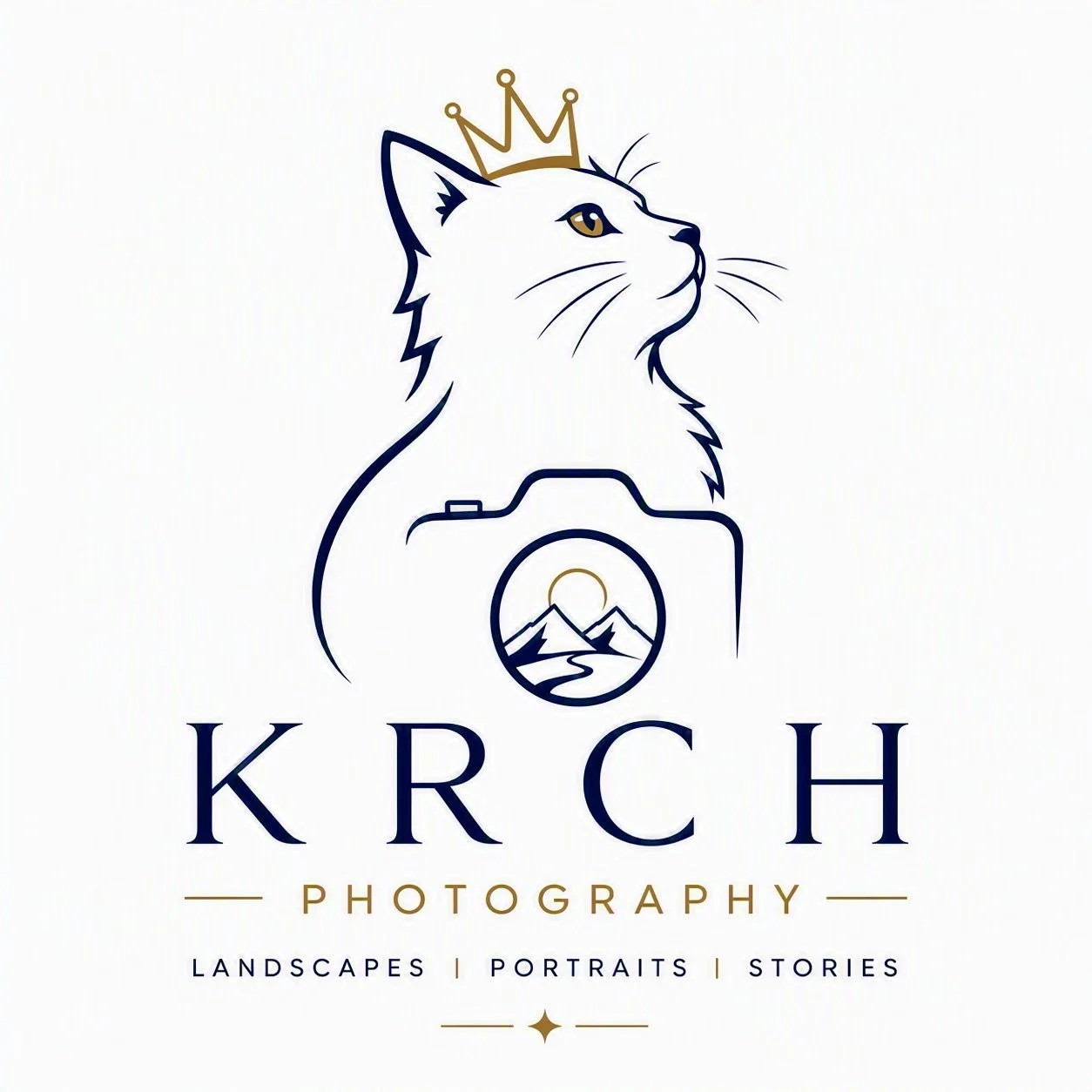 Logo for K R C H Photography featuring a line drawing of a cat wearing a crown, with a mountain landscape inside a camera lens, and text indicating photography services including landscapes, portraits, and stories.