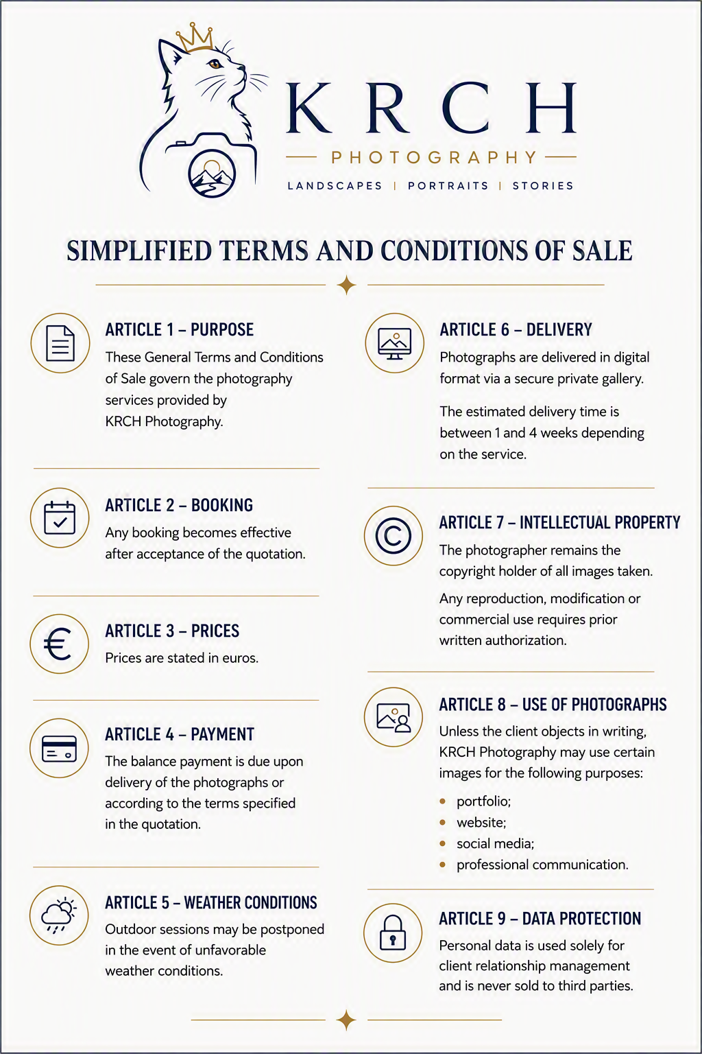 Photograph of simplified terms and conditions of sale document for KRCH photography, including articles on purpose, booking, prices, payment, weather conditions, delivery, intellectual property, use of photographs, and data protection.