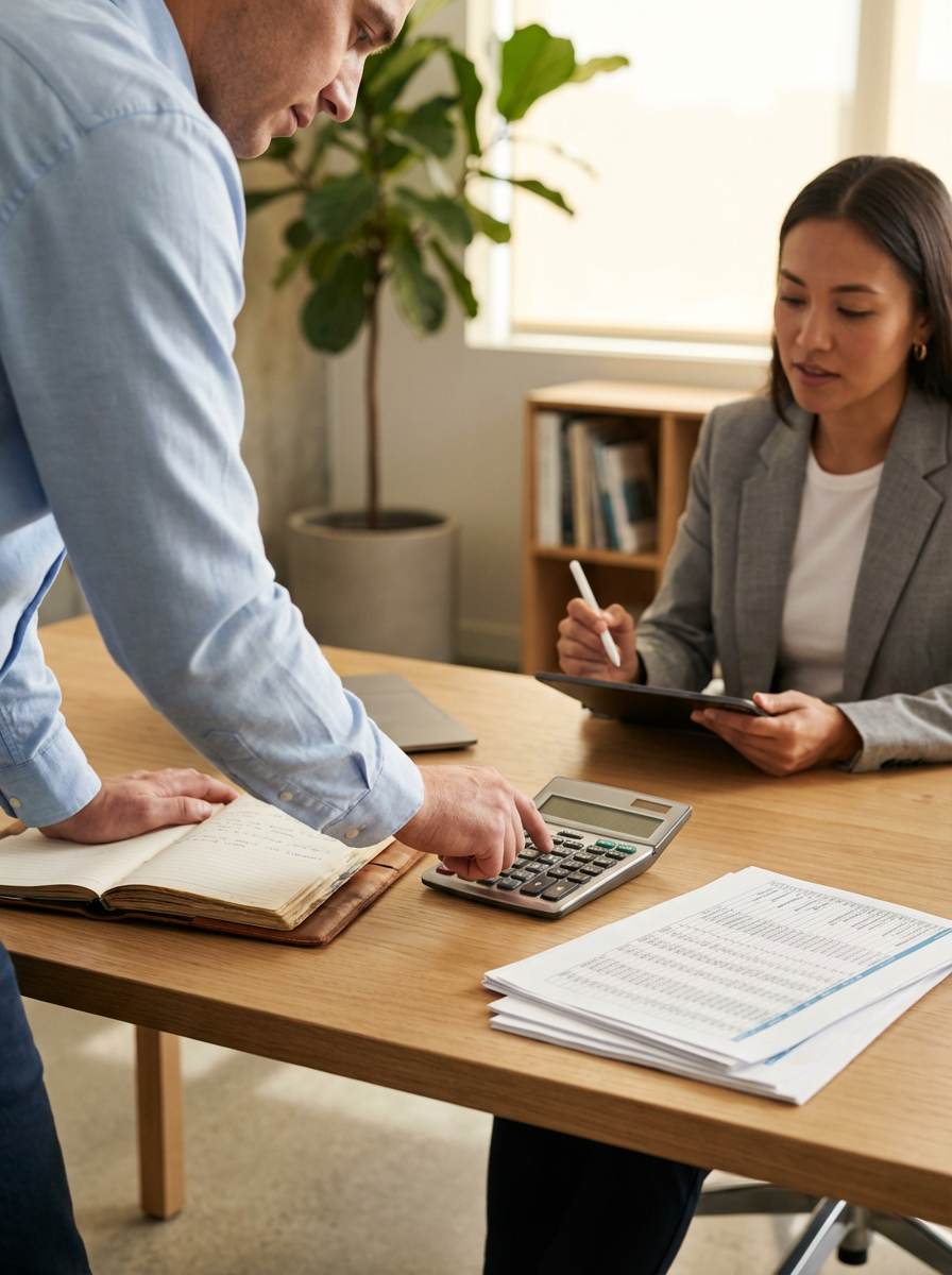 A man in a blue shirt using a calculator with a woman in a gray blazer, who is taking notes on a tablet, in an office with a large window and a potted plant.