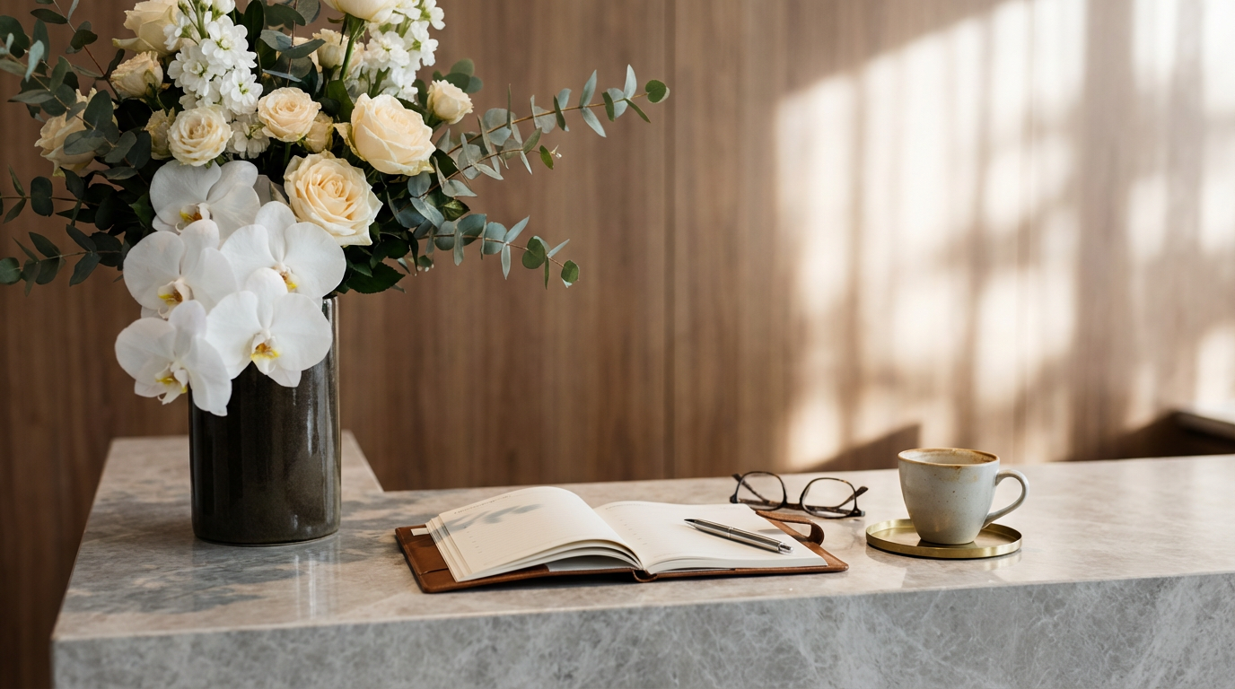 A marble table with a black vase of white and pale peach roses, white orchids, and eucalyptus leaves; an open notebook with a pen, a pair of glasses, and a coffee cup on a gold coaster.