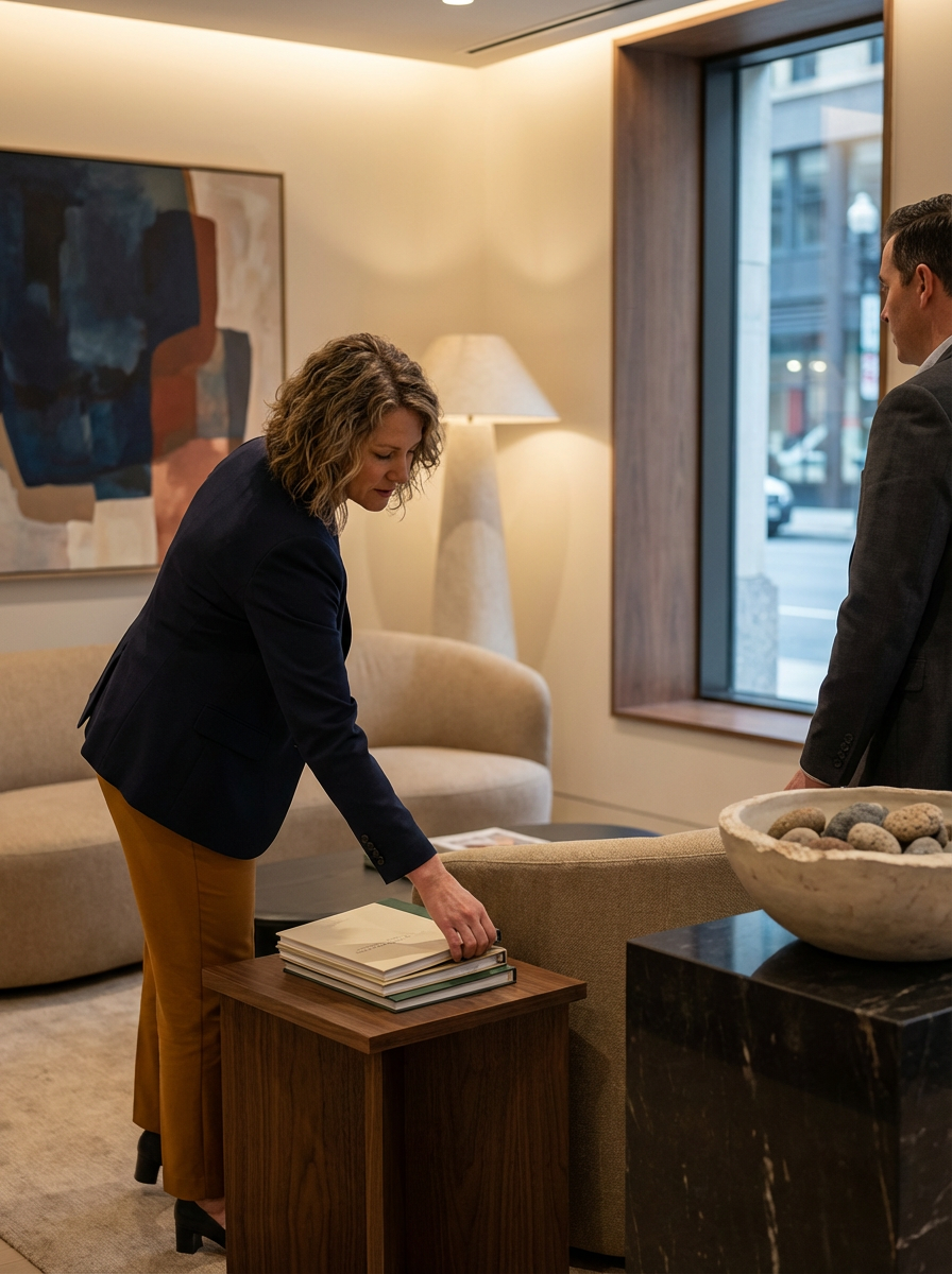 A woman with curly hair wearing a dark blazer and mustard pants arranging files on a small wooden table inside a well-lit, modern living room with abstract wall art, a beige sofa, a lamp, and a large window showing a city street.