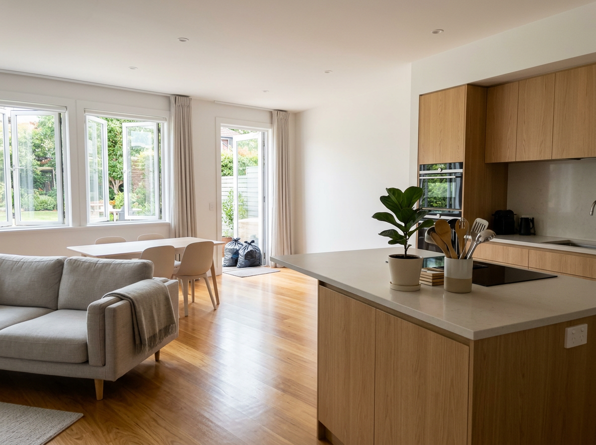 Open-concept living and dining area with a kitchen island, beige sofa, wooden dining table with chairs, large windows, and a door leading outside.