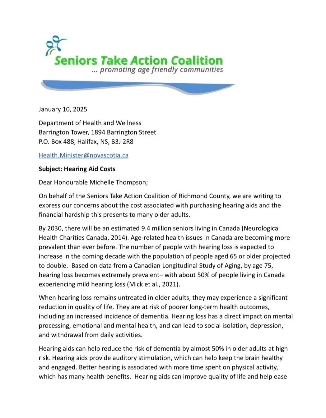 STAC letter to the Minister of Health and Wellness about hearing aid costs, January 10, 2025