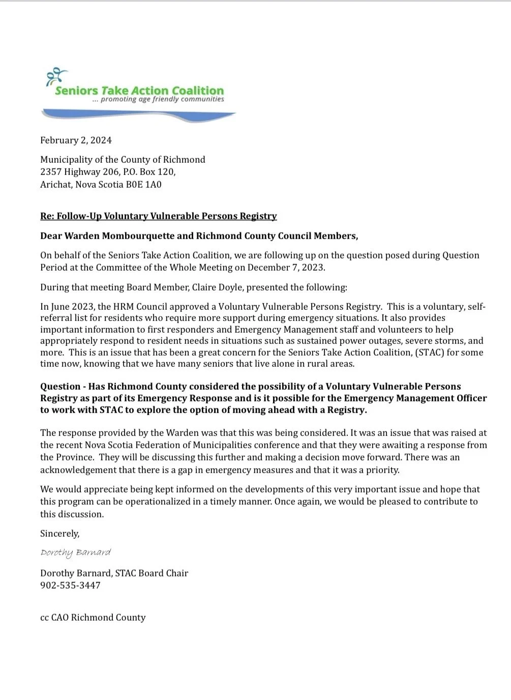 STAC letter to the Municipality of the County of Richmond about a Voluntary Vulnerable Persons Registry, February 2, 2024