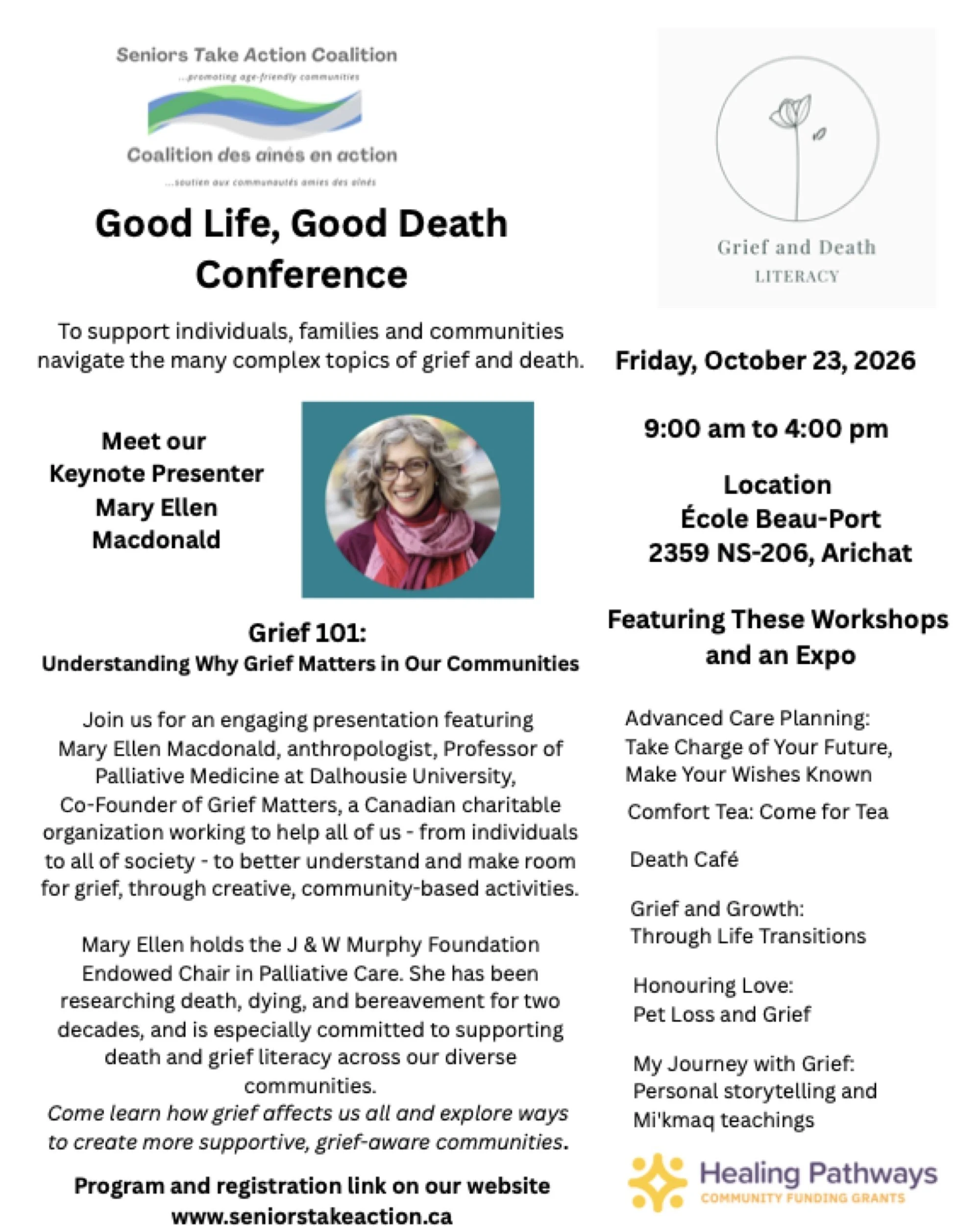Poster for the Good Life, Good Death Conference, Friday October 23, 2026, 9:00 am to 4:00 pm at École Beau-Port, Arichat, with keynote Mary Ellen Macdonald
