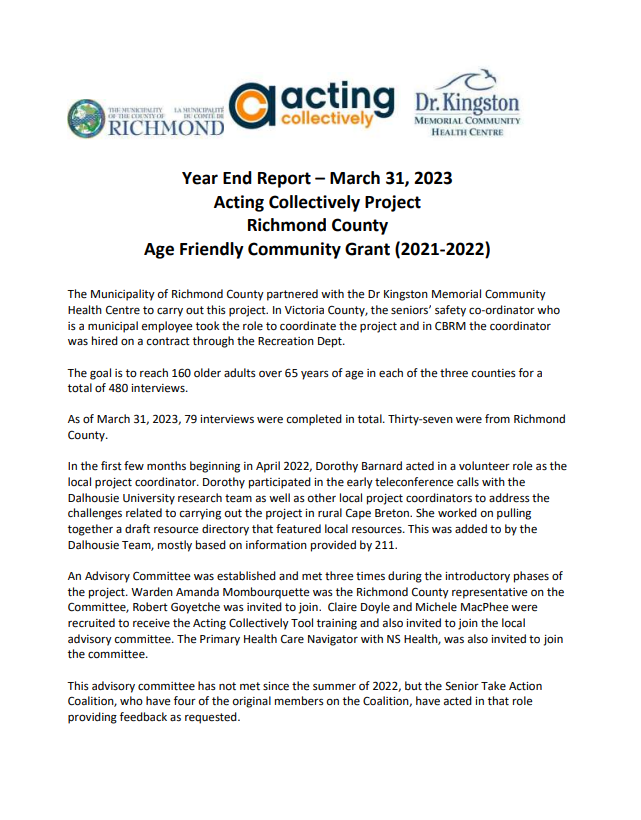 First page of the Acting Collectively Project Year End Report, March 31, 2023, Richmond County
