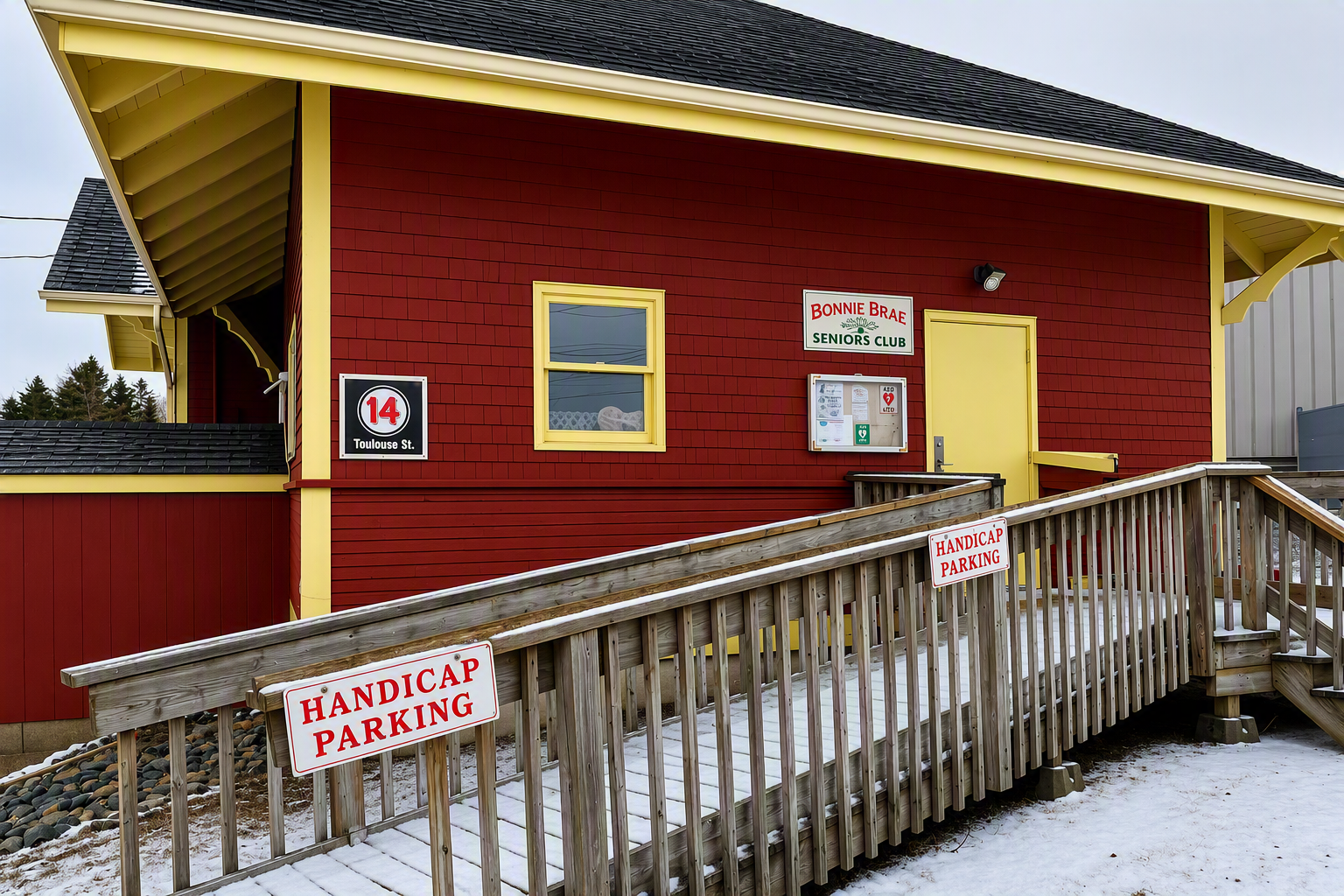 Bonnie Brae Seniors Club, a red building with a wheelchair ramp