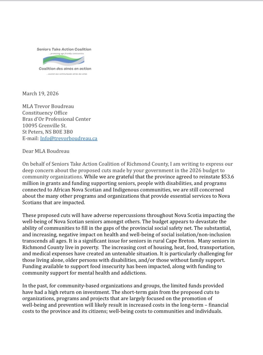 STAC letter to MLA Trevor Boudreau about proposed provincial budget cuts, March 19, 2026