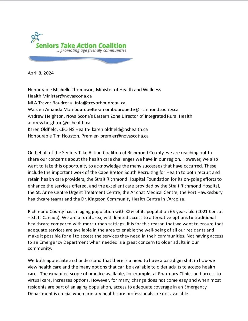 STAC letter to provincial and health leaders about health care challenges in Richmond County, April 8, 2024